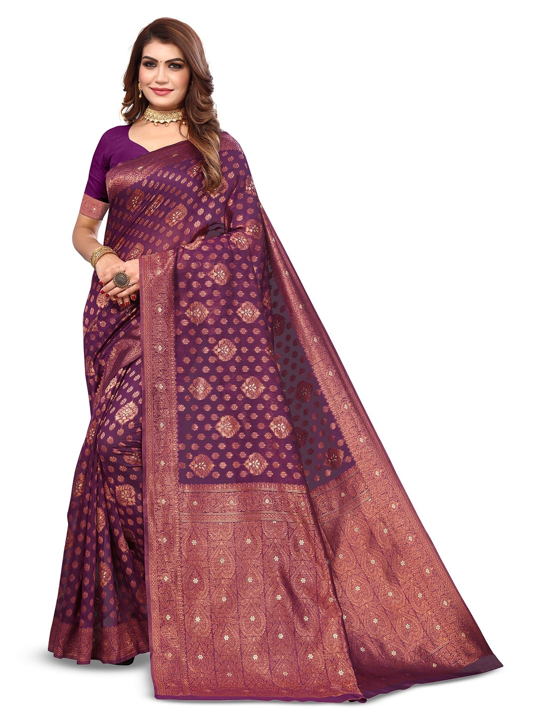 

Varanga Ethnic Motifs Woven Design Zari Art Silk Banarasi Saree, Purple