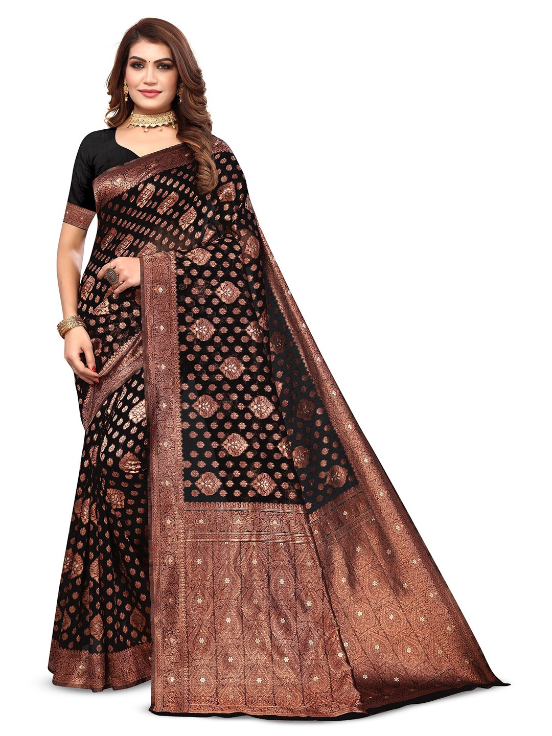 

Varanga Black & Gold Toned Ethnic Motifs Woven Design Zari Banarasi Saree