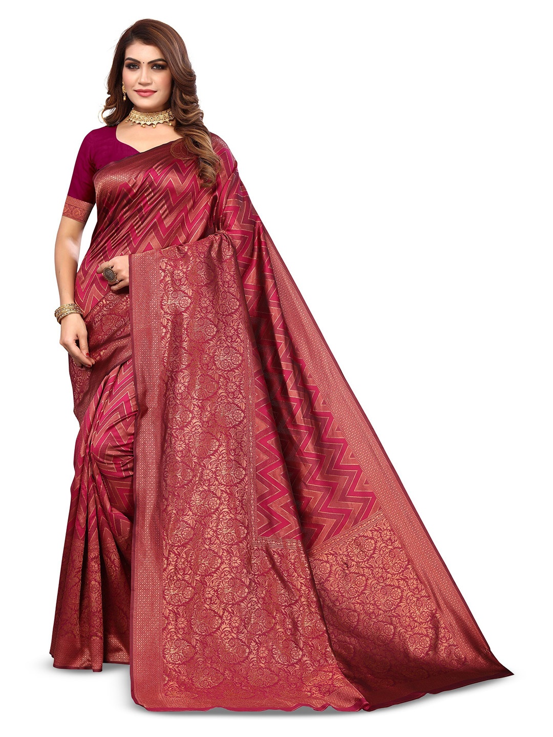 

Varanga Maroon & Gold Toned Geometric Woven Design Zari Banarasi Saree