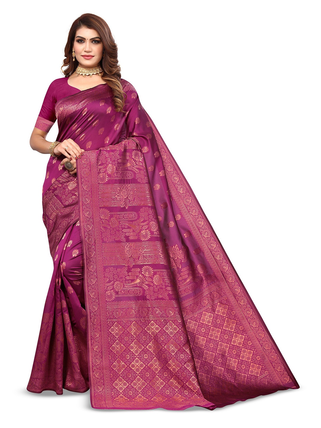 

Varanga Purple & Gold Toned Ethnic Motifs Woven Design Zari Banarasi Saree