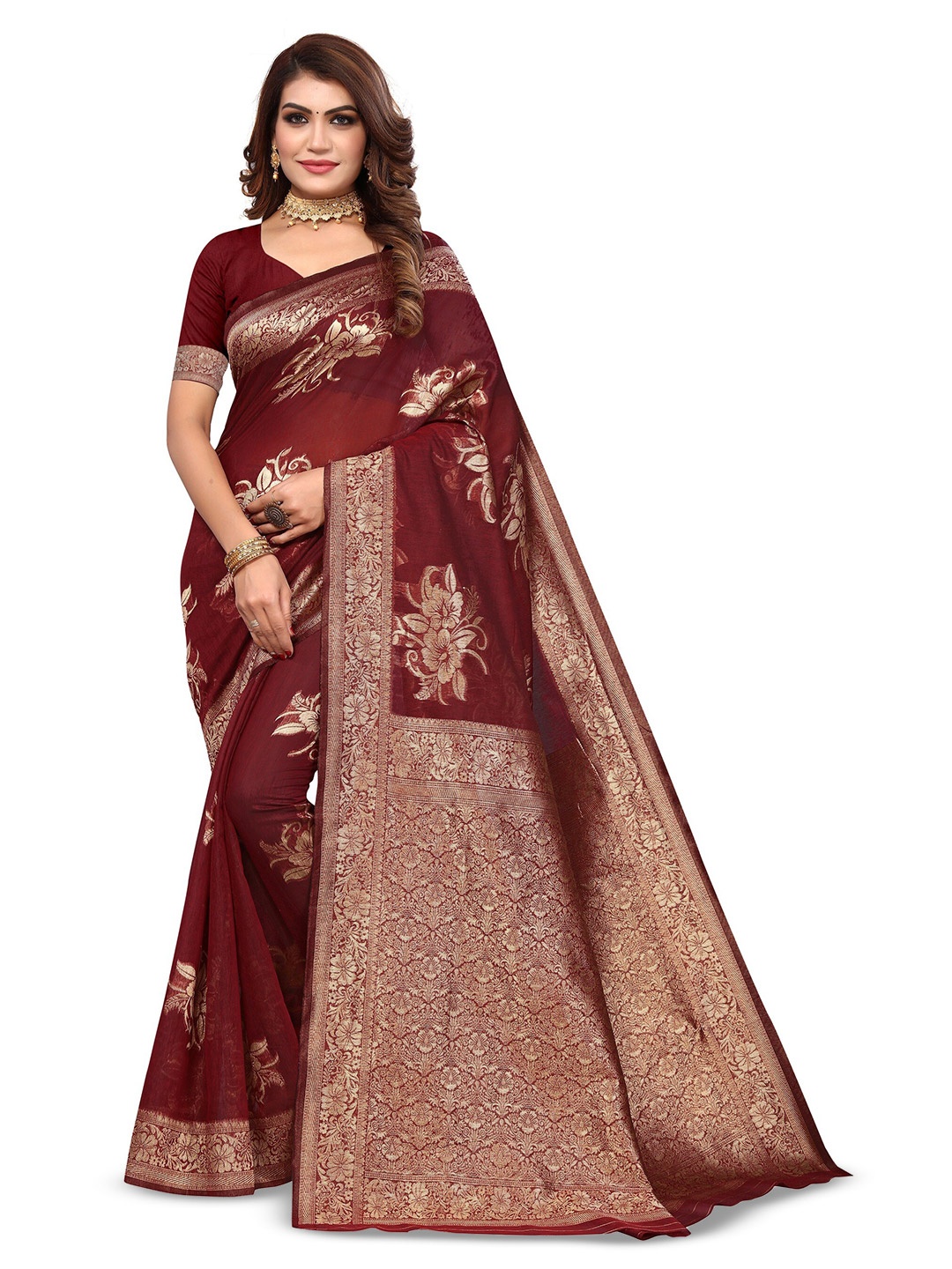 

Varanga Floral Woven Design Zari Art Silk Banarasi Saree, Maroon