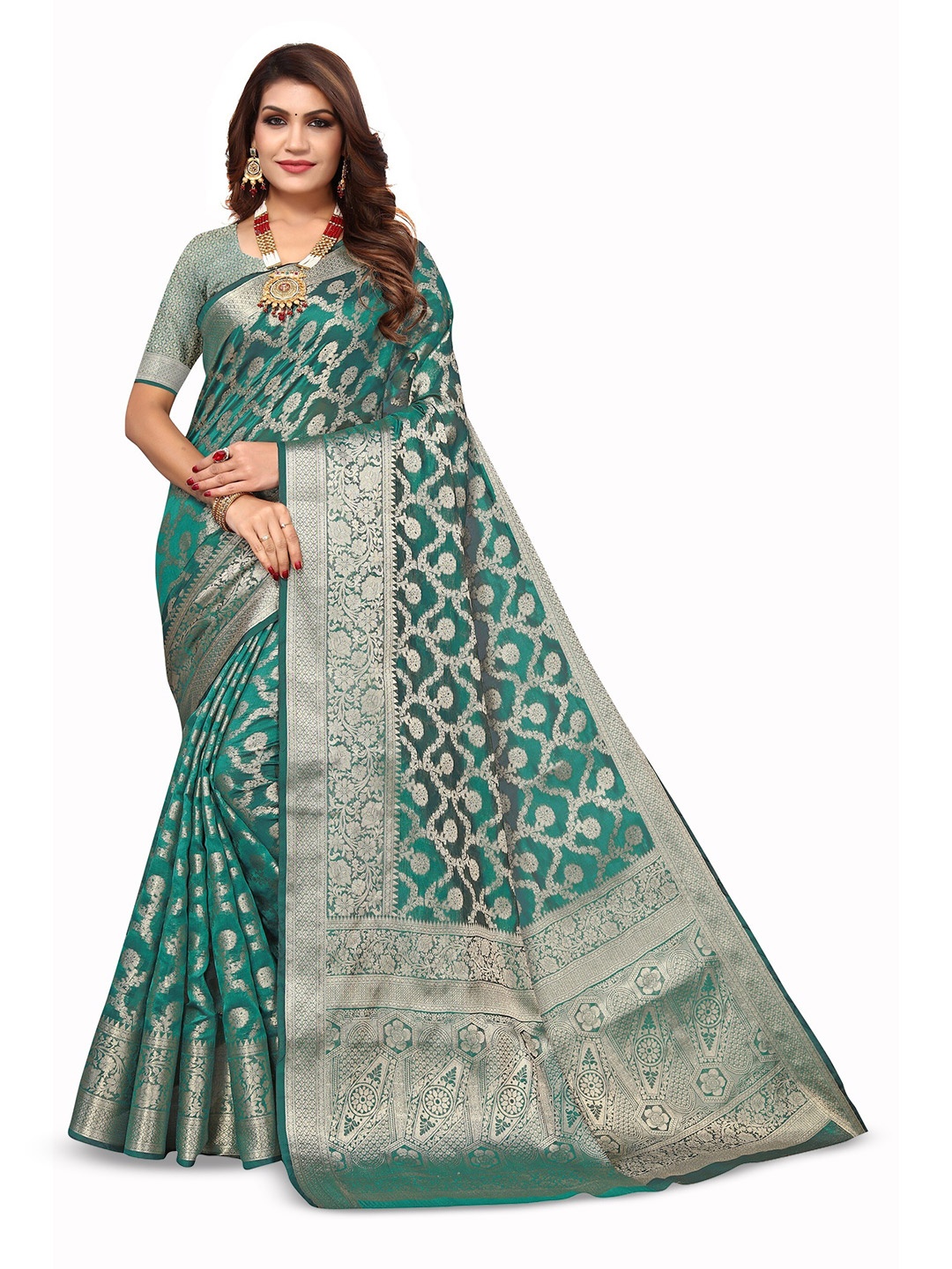 

Varanga Woven Design Zari Organza Banarasi Saree, Teal