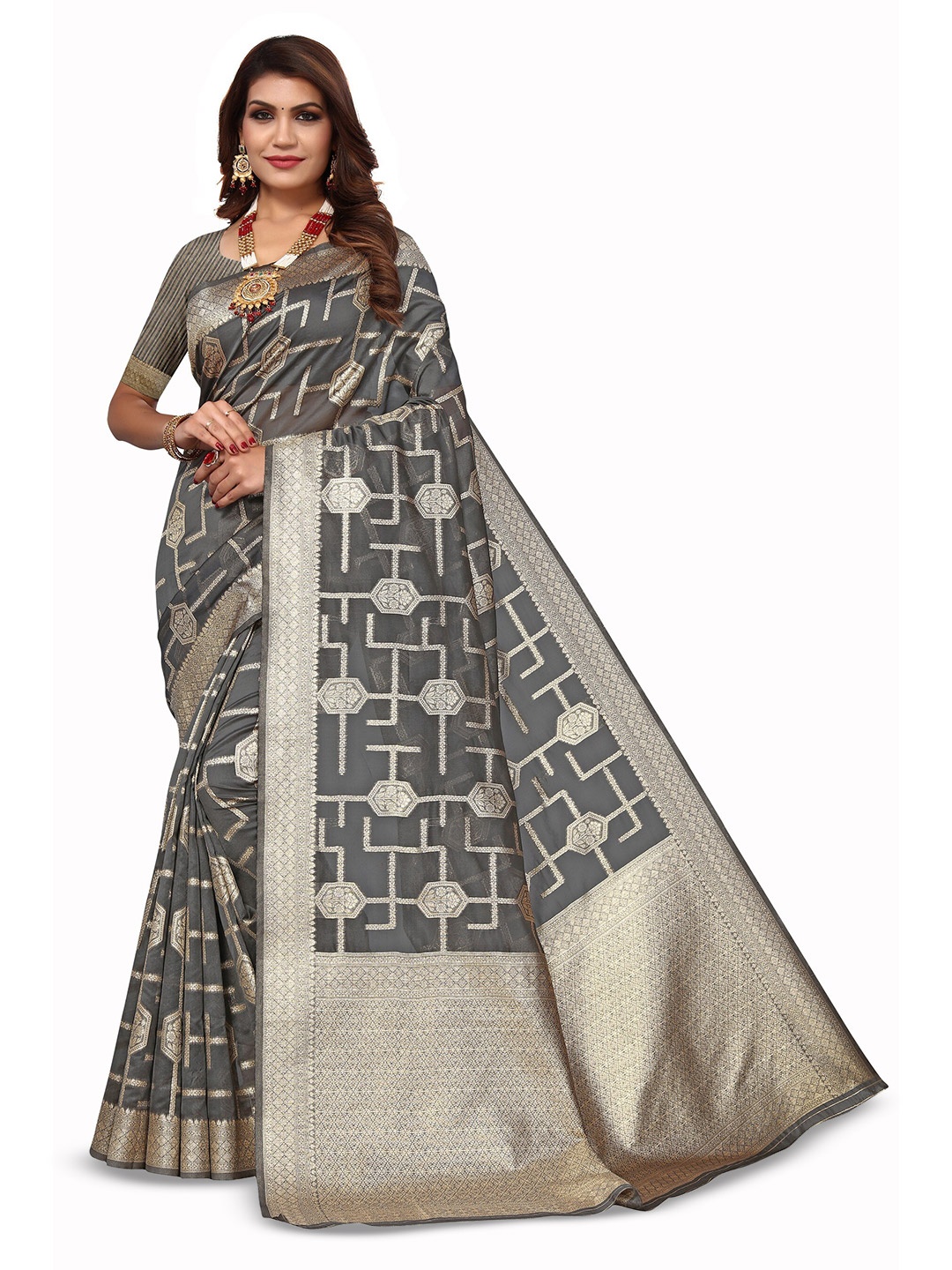 

Varanga Ethnic Motifs Woven Design Zari Organza Banarasi Saree, Grey