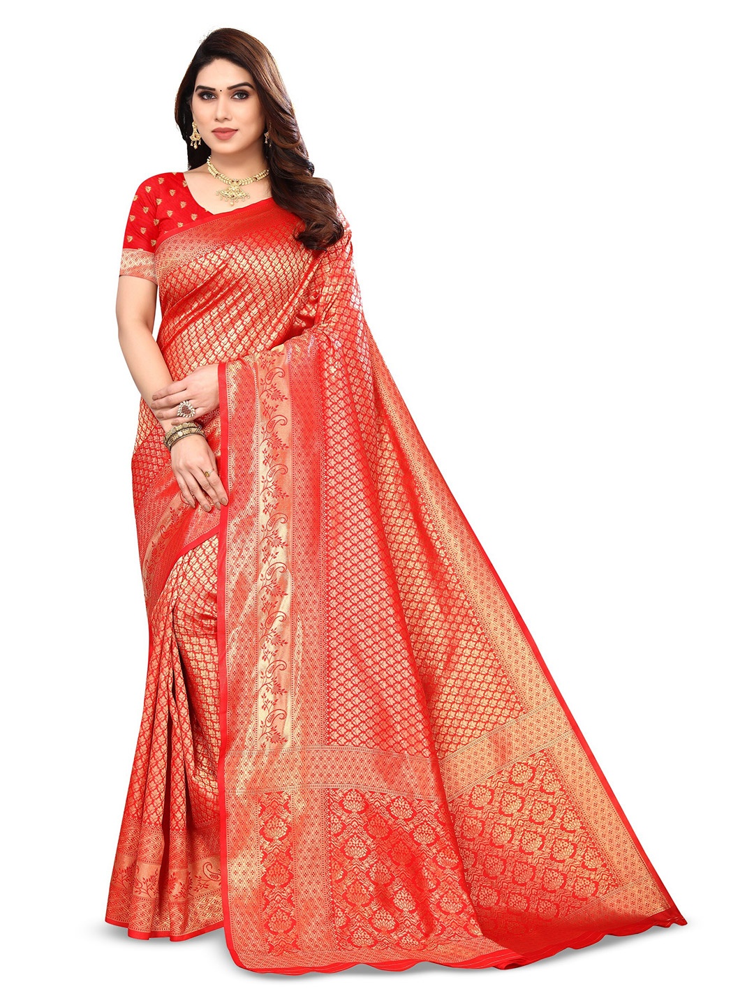 

Varanga Red & Gold Toned Ethnic Motifs Woven Design Zari Banarasi Saree
