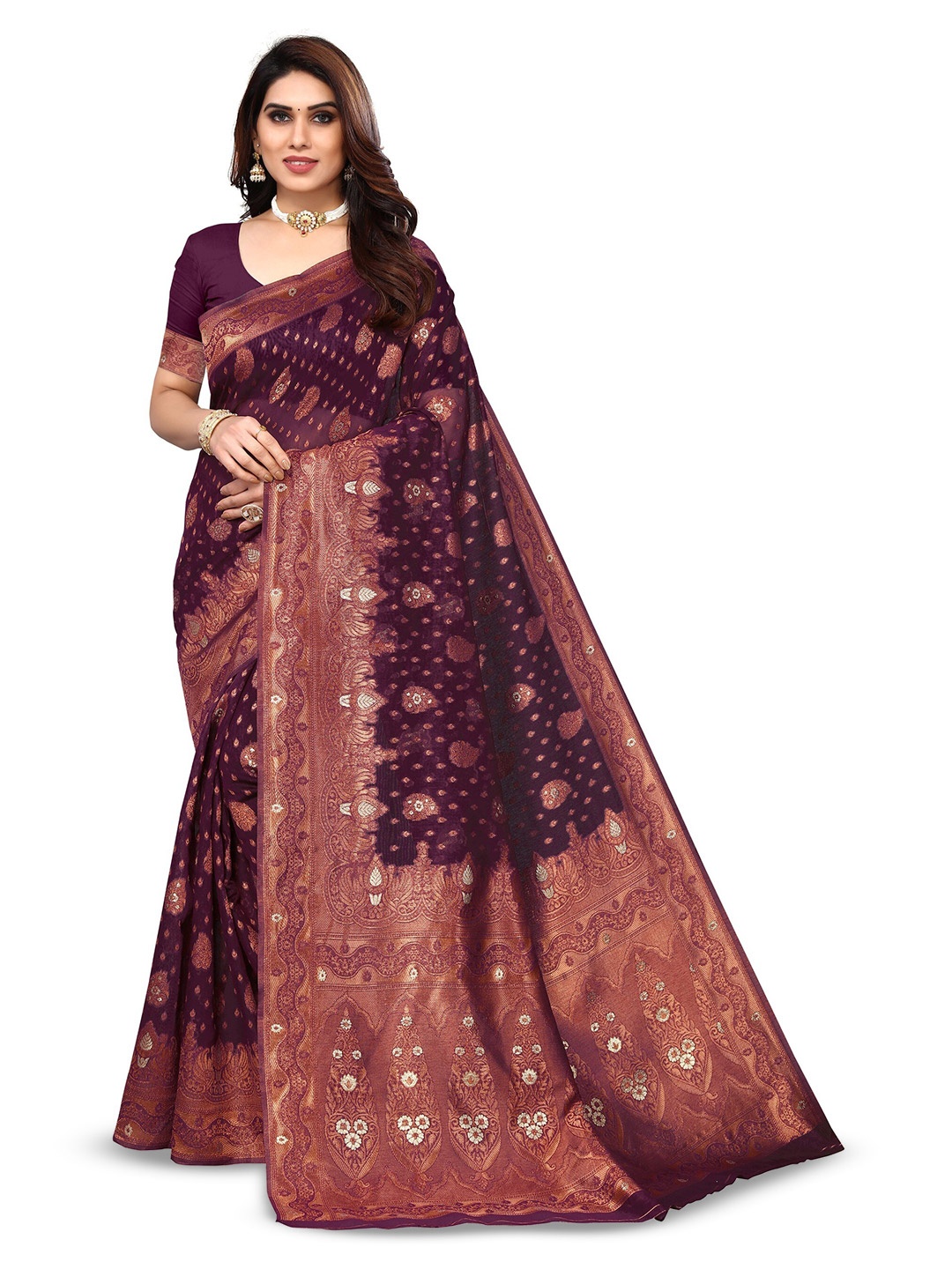 

Varanga Burgundy & Gold Toned Ethnic Motifs Woven Design Zari Banarasi Saree