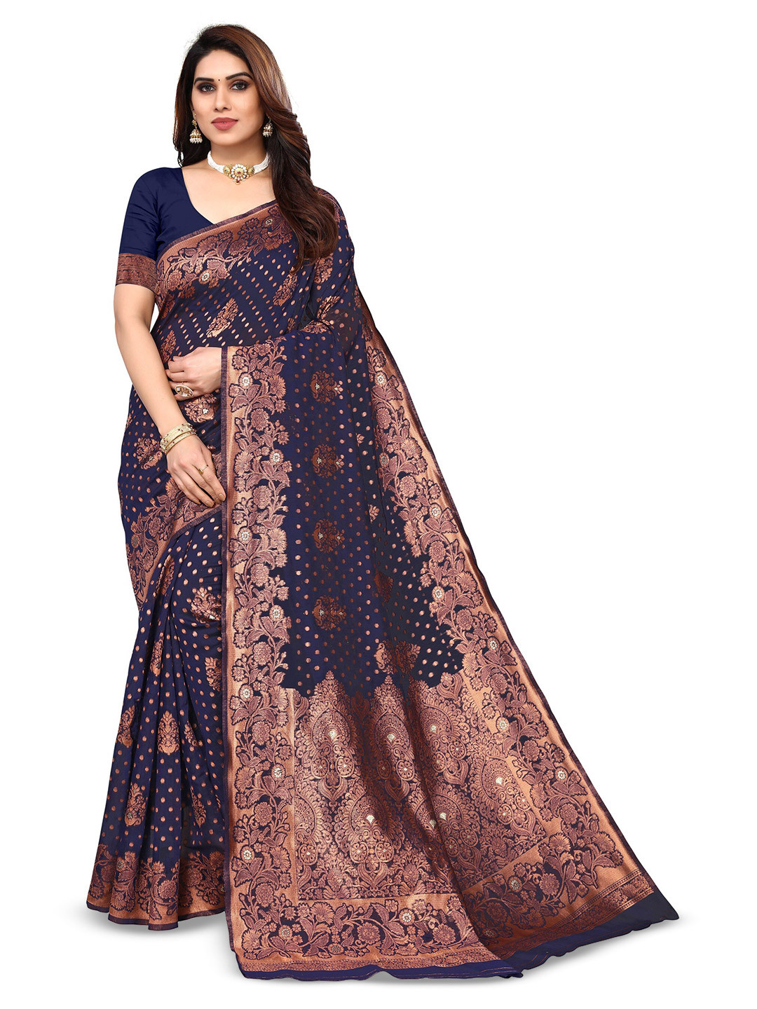 

Varanga Ethnic Motifs Woven Design Zari Banarasi Saree, Navy blue