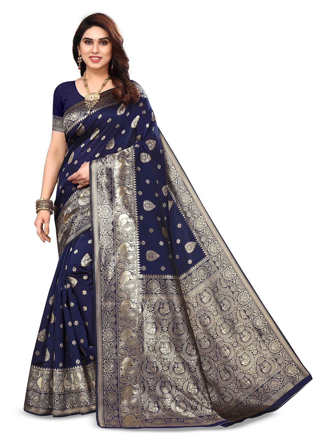 

Varanga Navy Blue Ethnic Motifs Woven Design Zari Art Silk Banarasi Saree