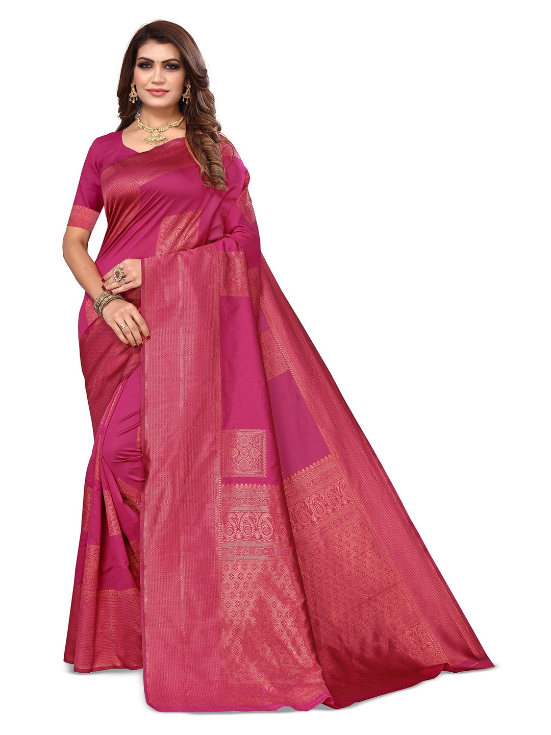 

Varanga Ethnic Motifs Woven Design Zari Art Silk Banarasi Saree, Pink