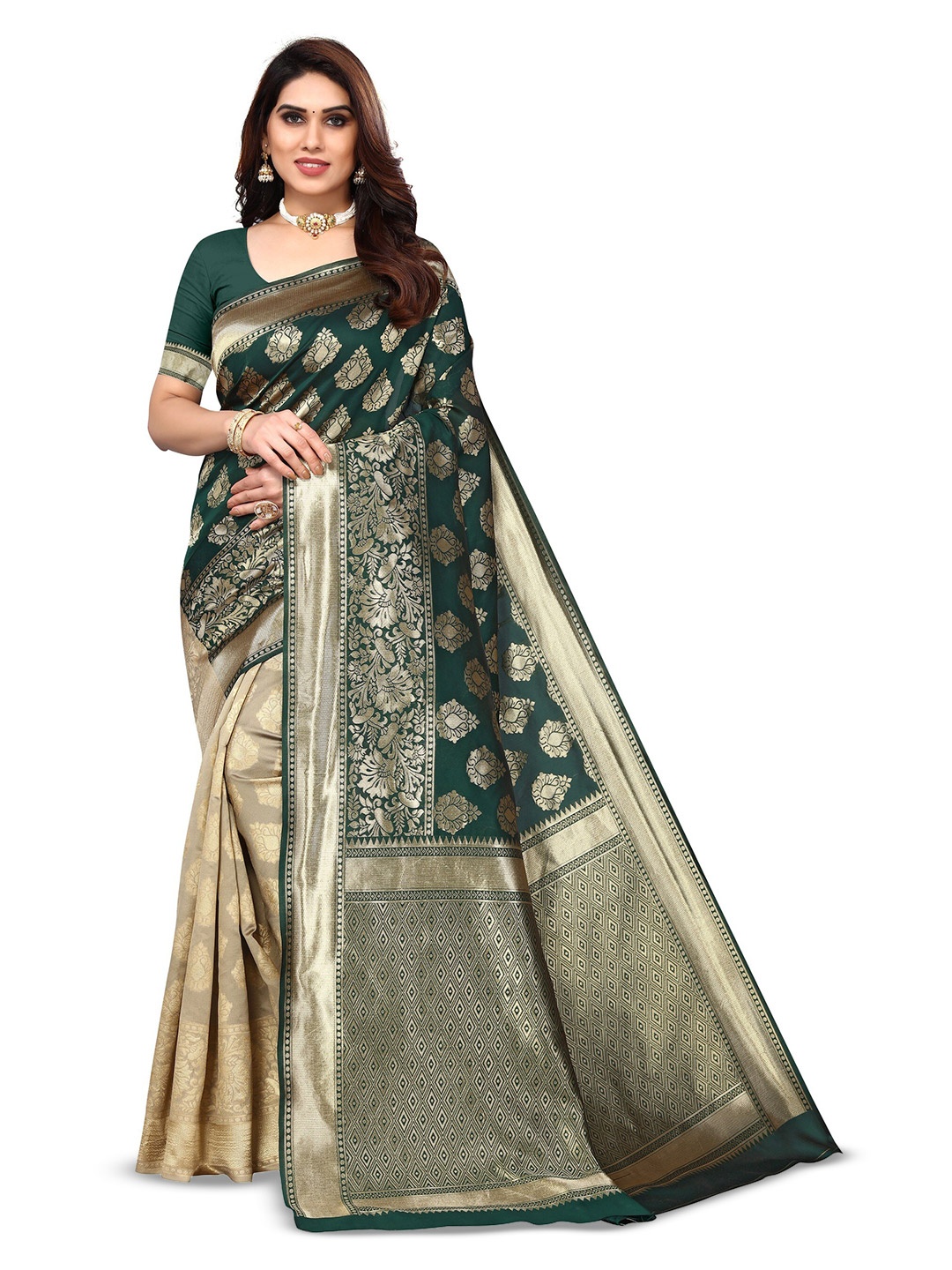 

Varanga Ethnic Motifs Woven Design Zari Banarasi Saree, Green