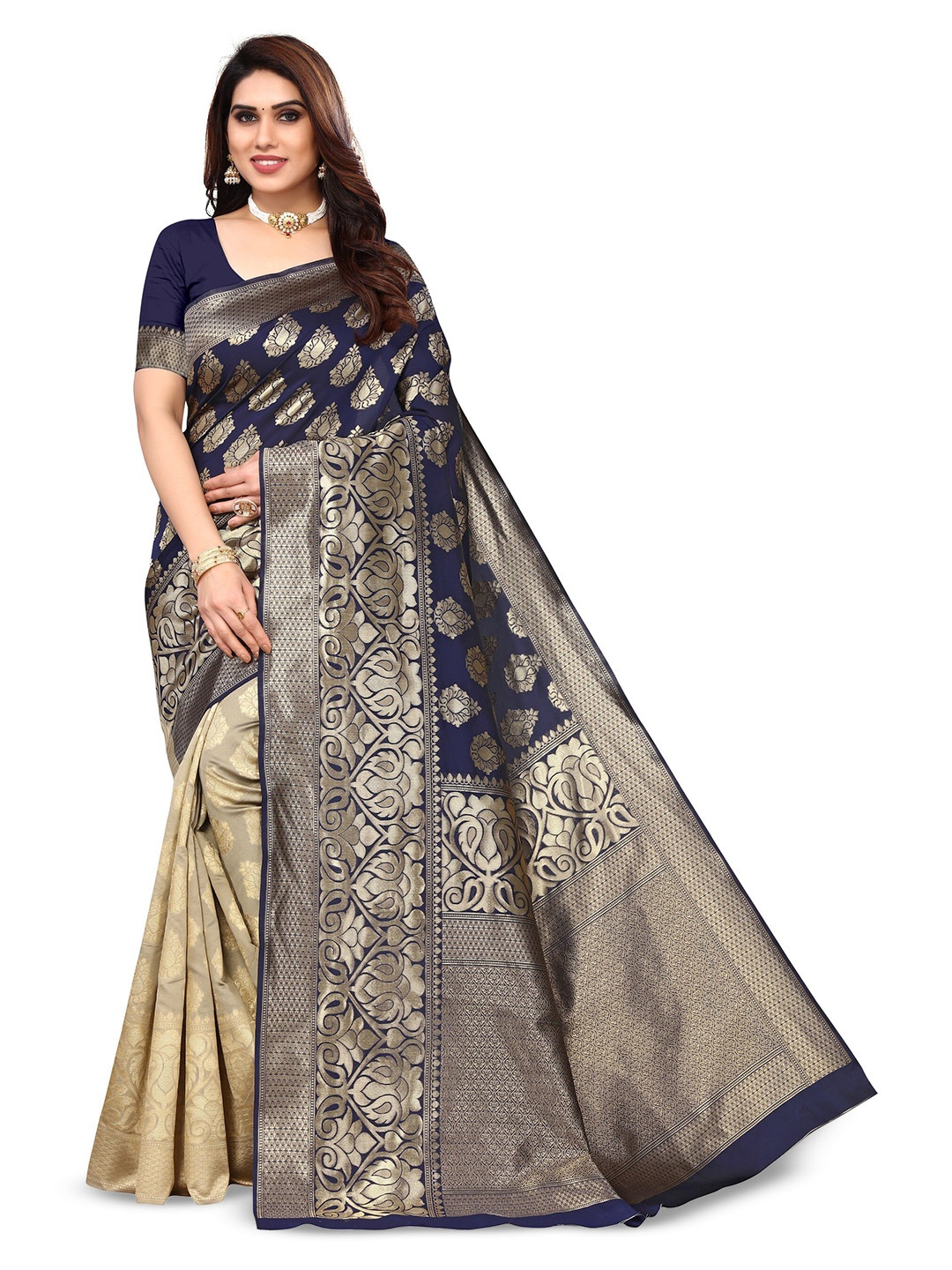 

Varanga Navy Blue & Grey Ethnic Motifs Woven Design Zari Art Silk Banarasi Saree