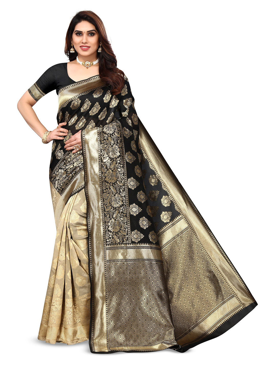 

Varanga Ethnic Motifs Woven Design Zari Art Silk Banarasi Saree, Black