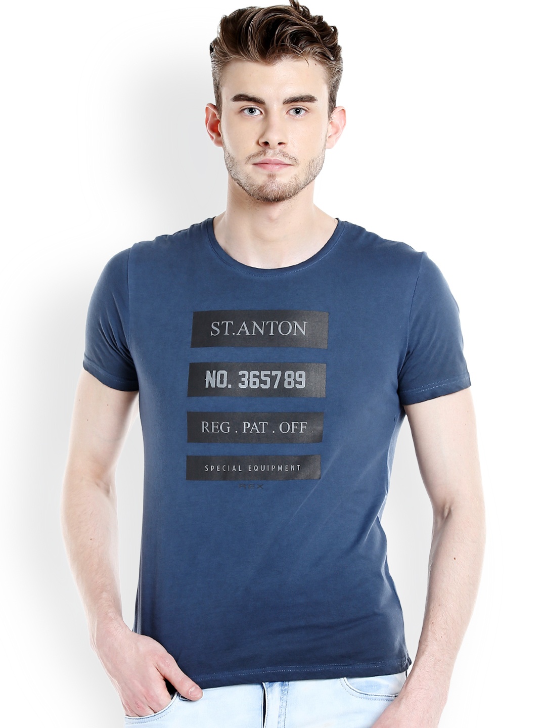 

Rex Straut Jeans Men Blue Printed Round Neck T-shirt