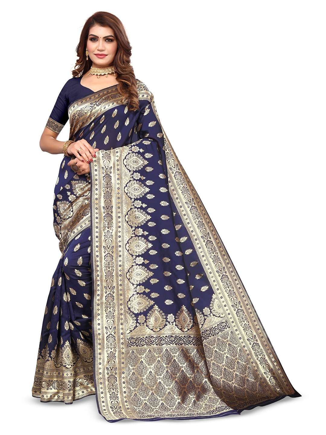 

Varanga Ethnic Motifs Woven Design Zari Banarasi Saree, Navy blue