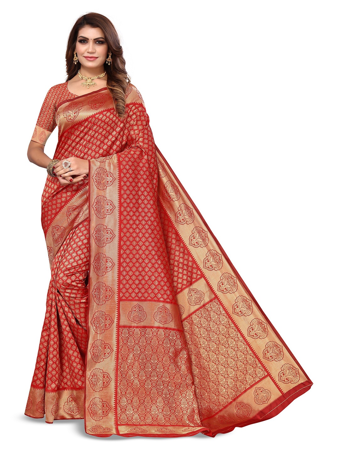 

Varanga Ethnic Motifs Woven Design Zari Art Silk Banarasi Saree, Red