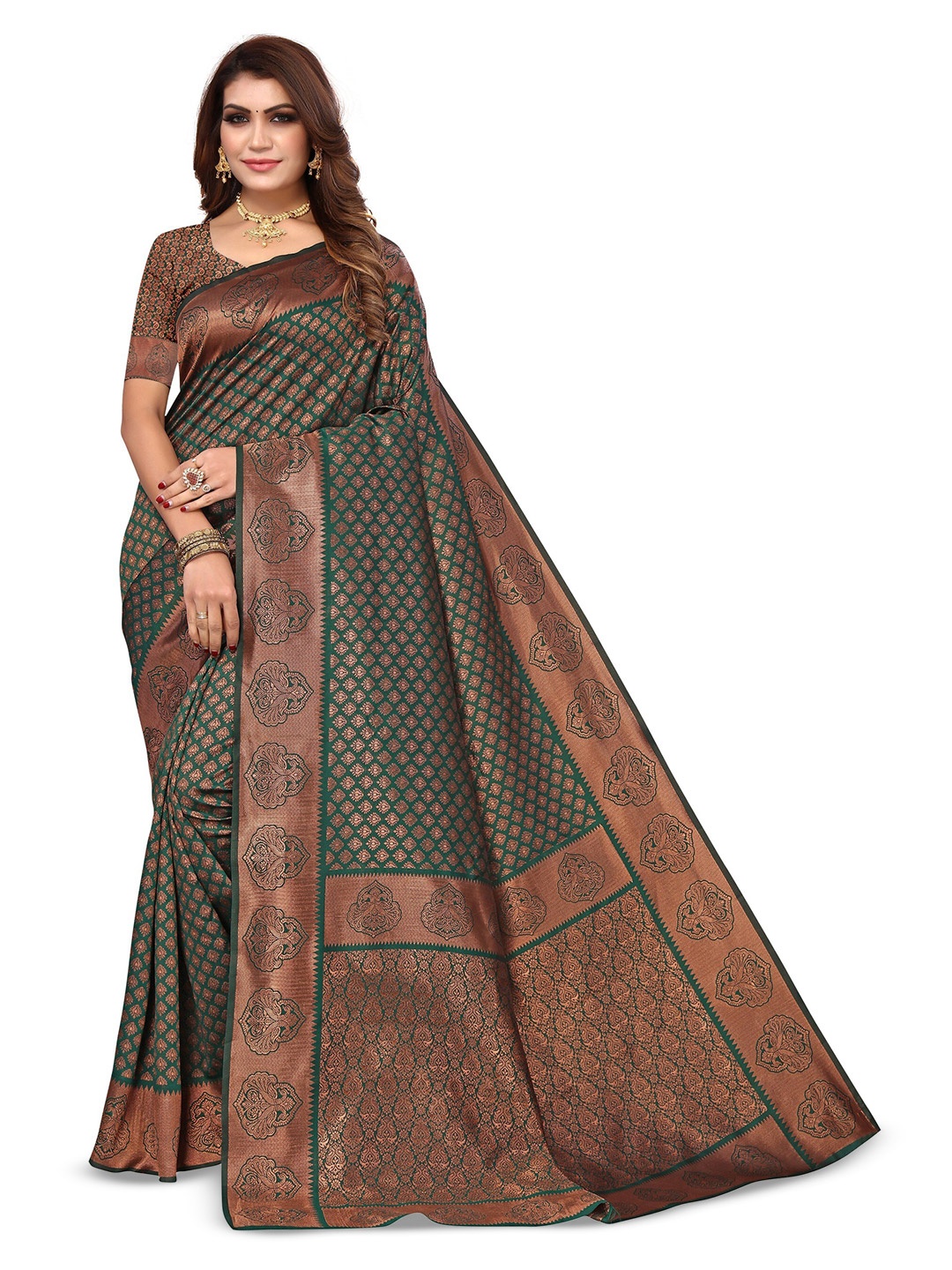 

Varanga Ethnic Motifs Woven Design Zari Art Silk Banarasi Saree, Green