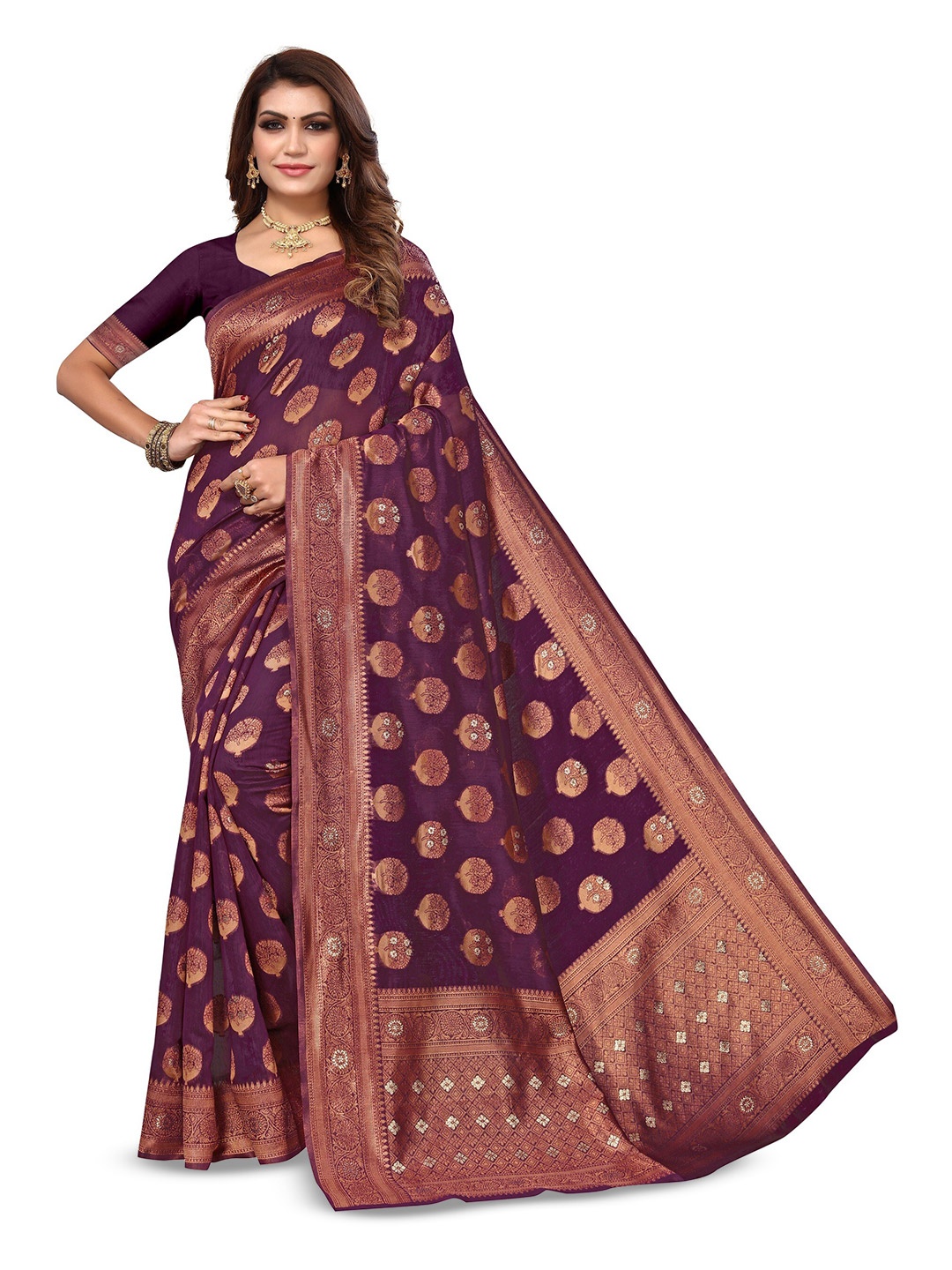 

Varanga Ethnic Motifs Woven Design Zari Banarasi Saree, Purple