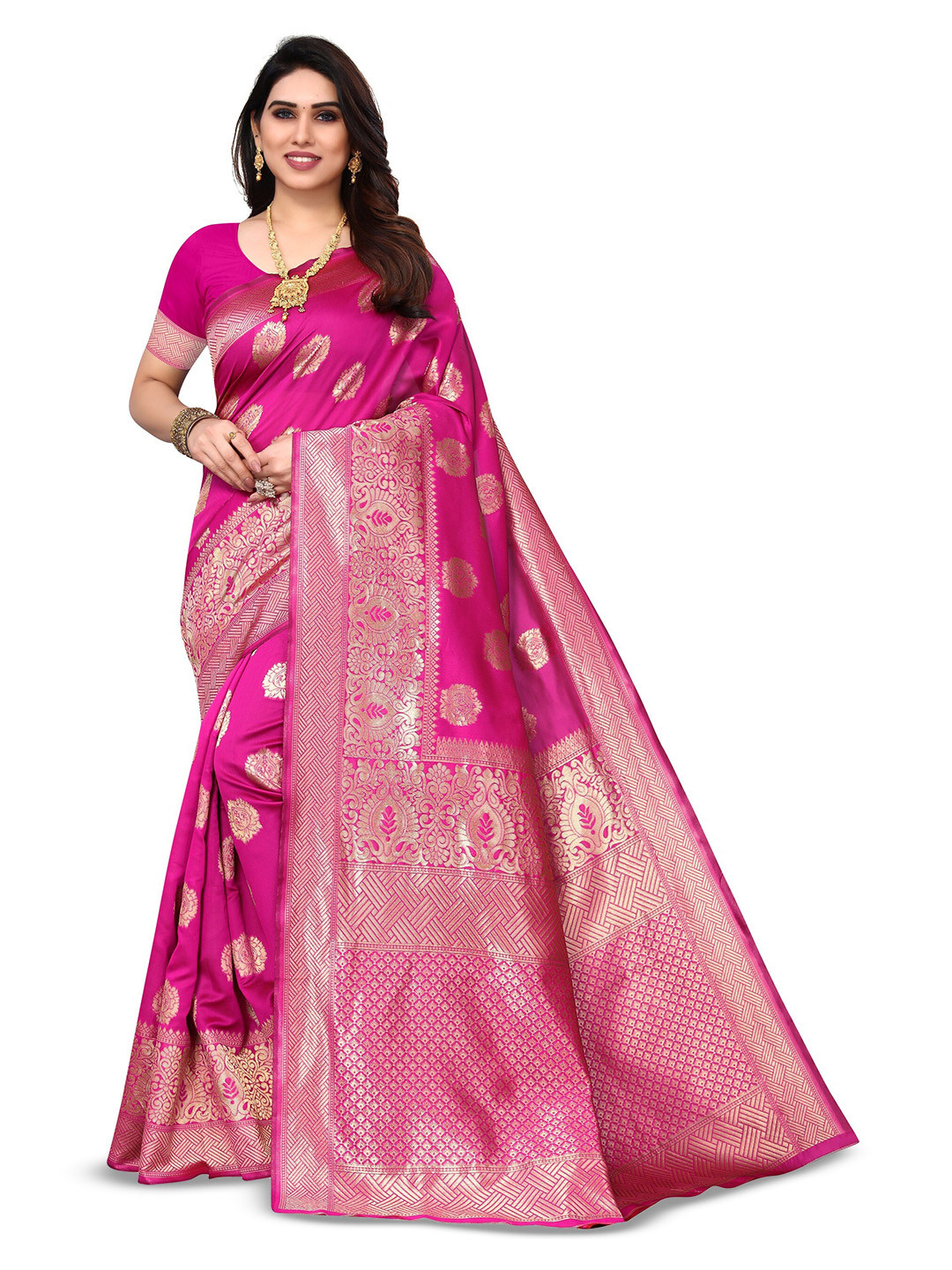 

Varanga Ethnic Motifs Woven Design Zari Art Silk Banarasi Saree, Fuchsia