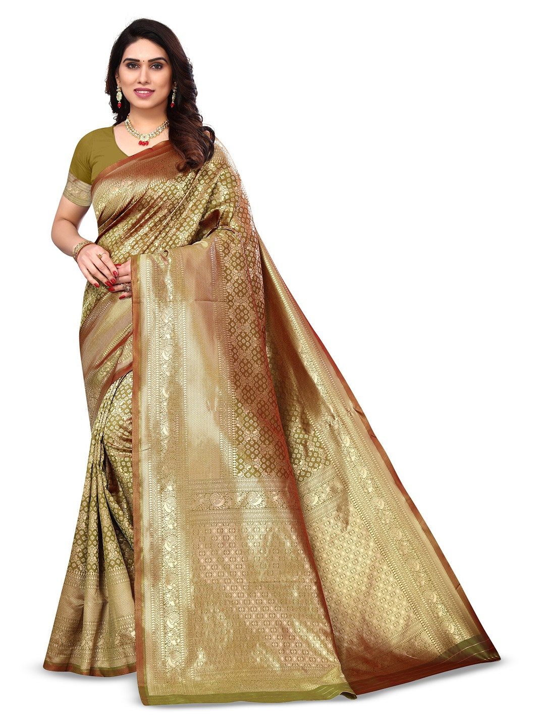 

Varanga Olive Green & Gold Toned Ethnic Motifs Woven Design Zari Banarasi Saree