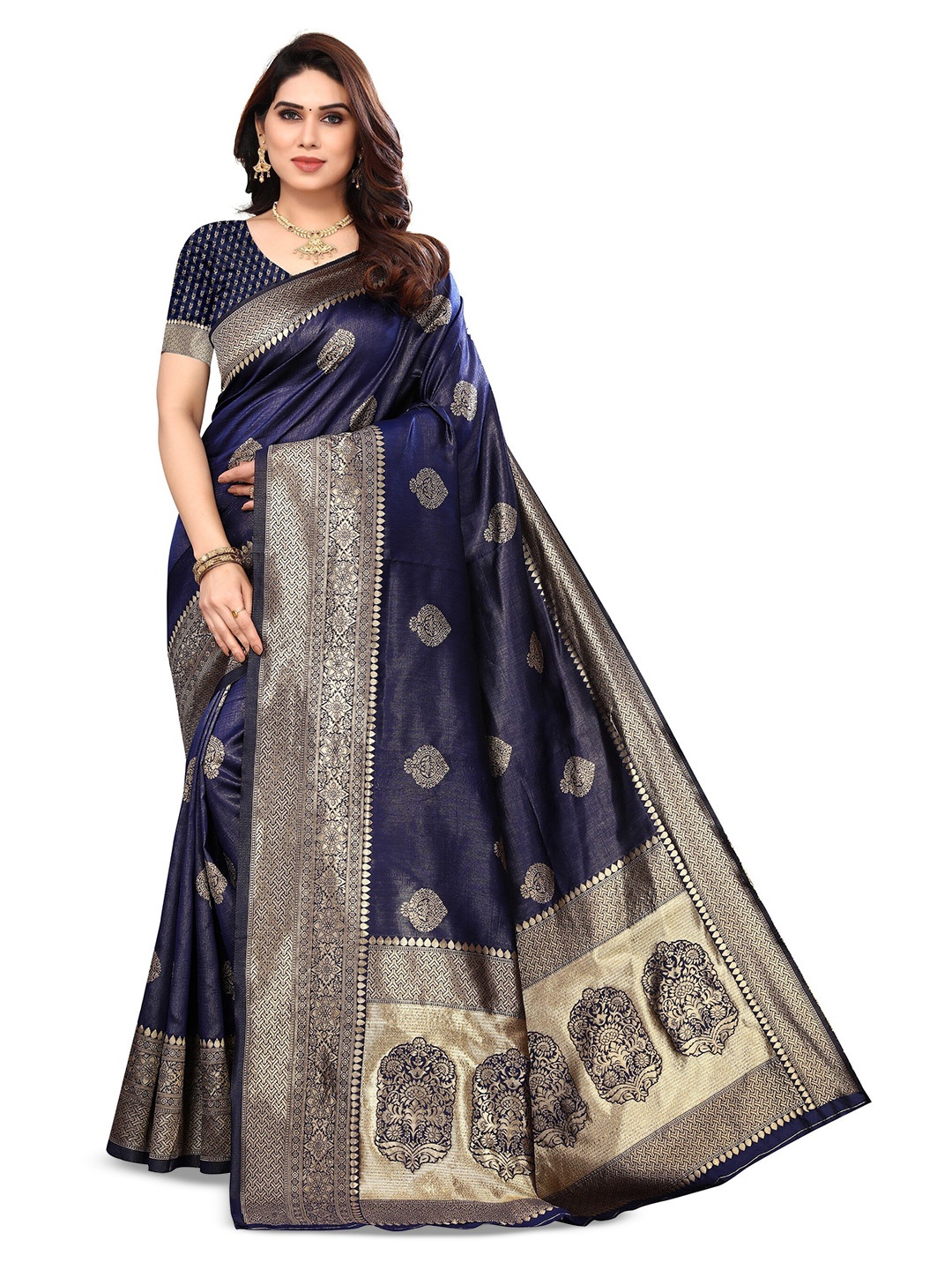 

Varanga Ethnic Motifs Woven Design Zari Banarasi Saree, Navy blue