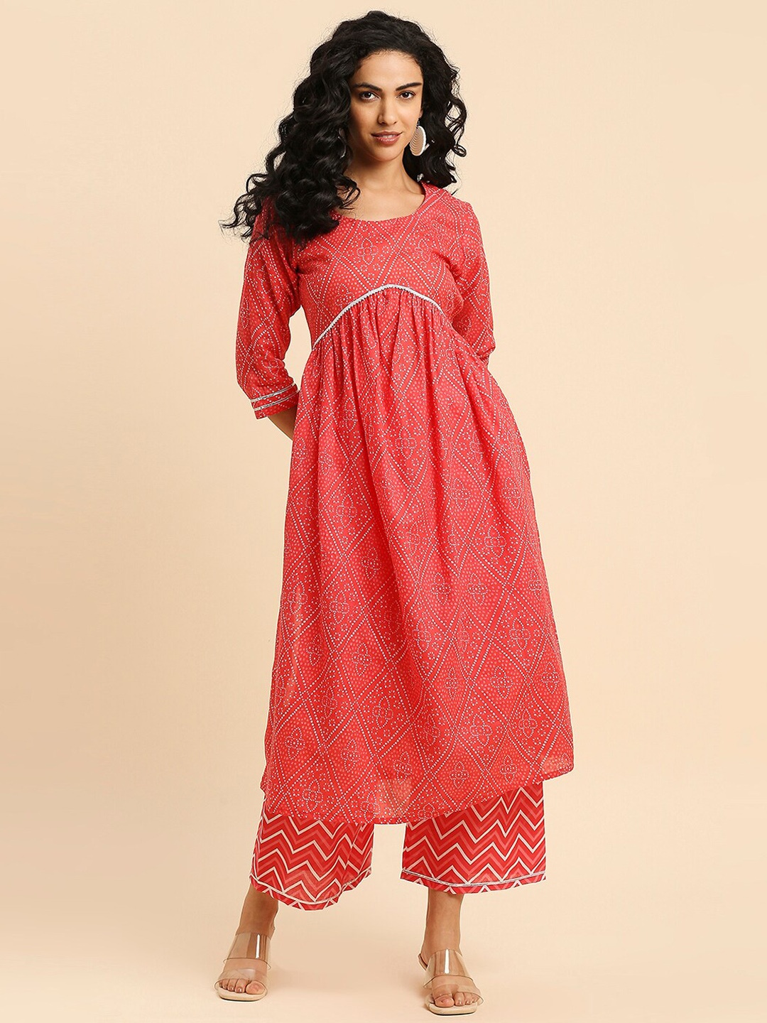 

GUFRINA Bandhani Printed Empire Kurta with Palazzos, Red