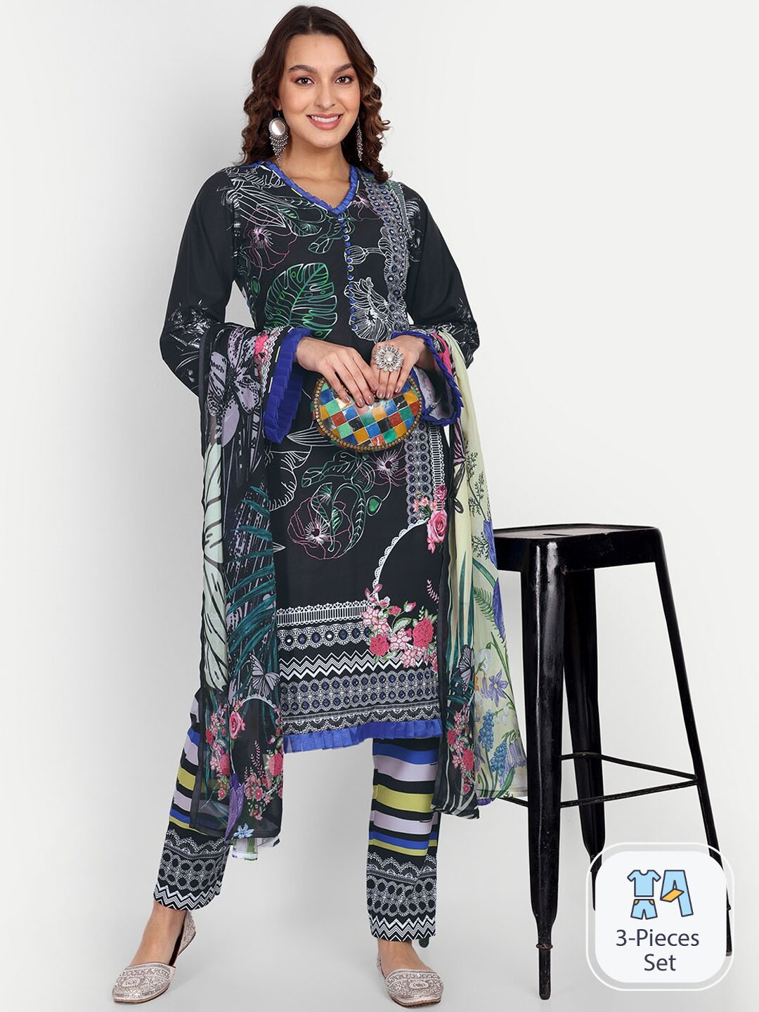 

Growish Floral Printed Mirror Work Pure Cotton Straight Kurta &Trousers With Dupatta, Black