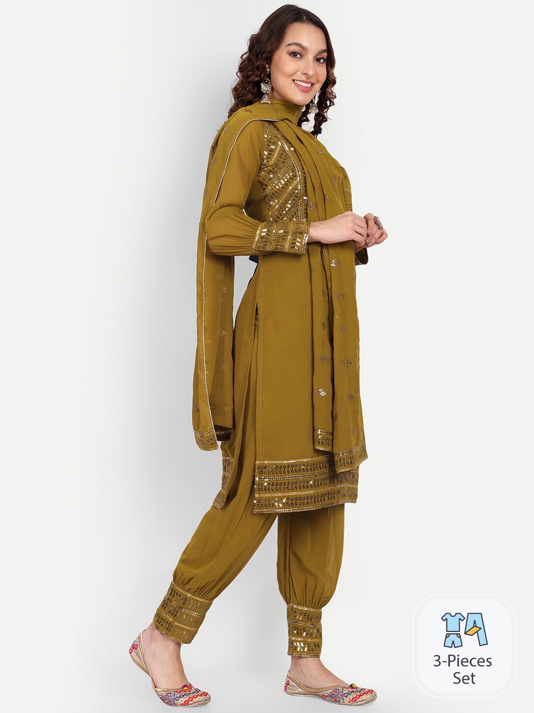 

Growish Yoke Design Sequinned Regular Kurta with Patiala & Dupatta, Khaki