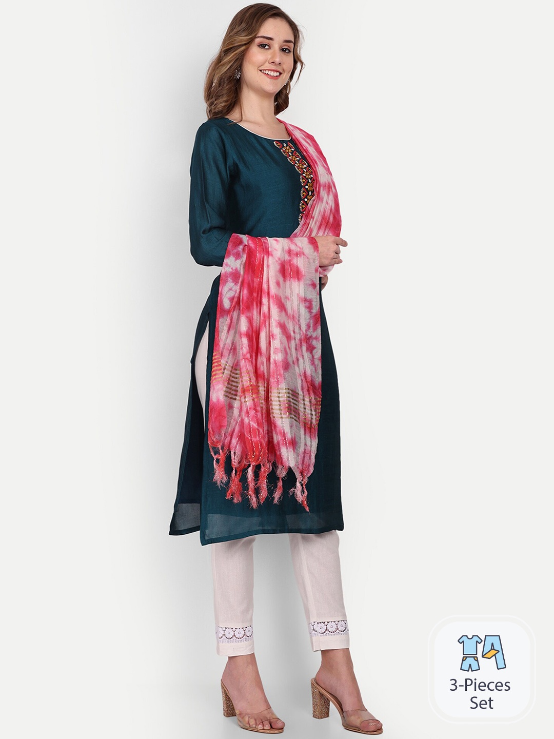 

Growish Floral Yoke Design Thread Work Kurta with Trousers & With Dupatta, Turquoise blue