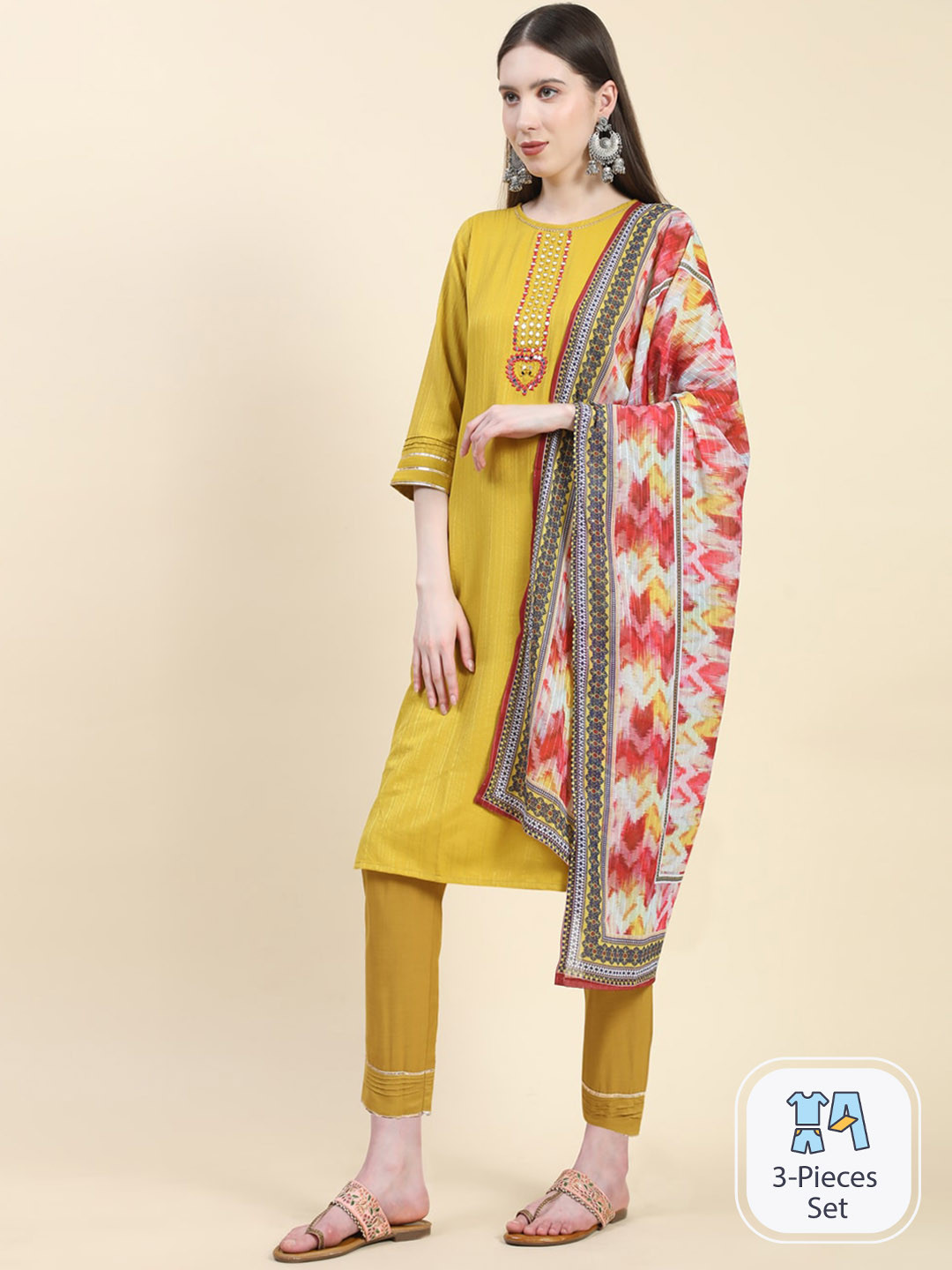 

Growish Ethnic Motifs Embroidered Mirror Work Kurta With Trousers & Dupatta, Yellow