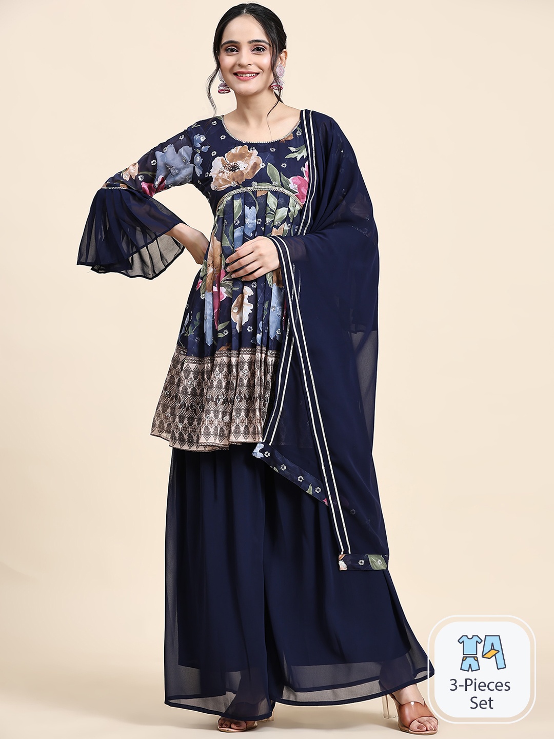 

Growish Floral Printed Sequinned Empire Kurta & Sharara With Dupatta, Navy blue