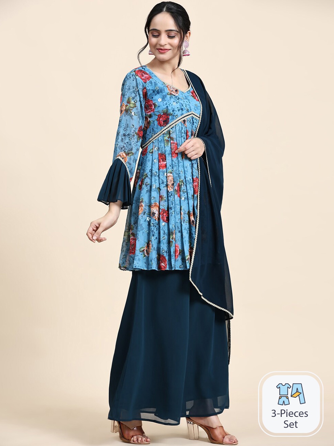 

Growish Floral Printed Gotta Patti Empire A-Line Kurta With Sharara & Dupatta, Navy blue