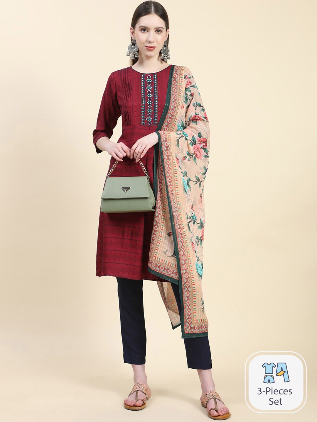 

Growish Striped Mirror Work Detailed A-Line Kurta & Trousers With Dupatta, Maroon