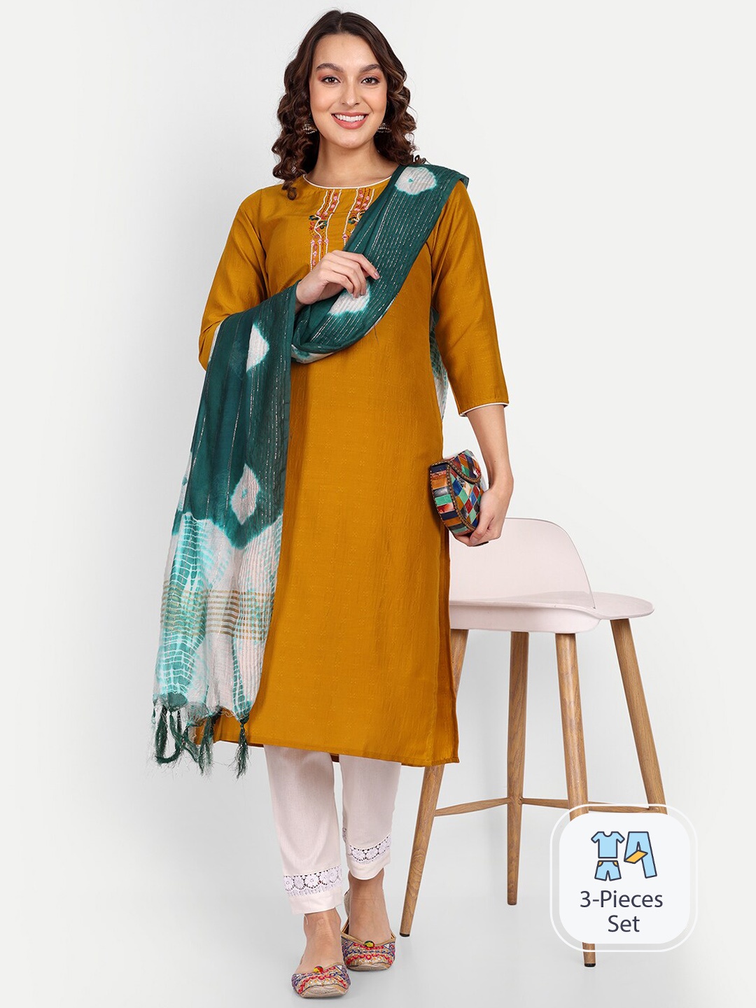 

Growish Mirror Work Detailed Straight Kurta & Trousers With Dupatta, Mustard