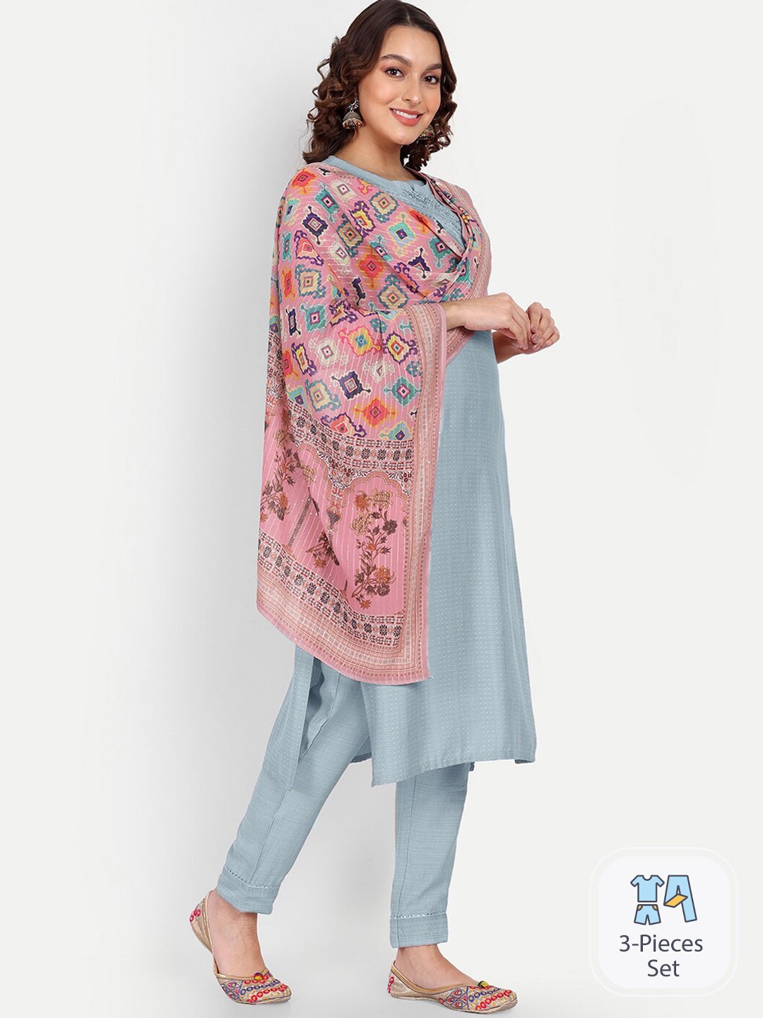 

Growish Woven Design Mirror Work Kurta & Trousers With Dupatta, Blue