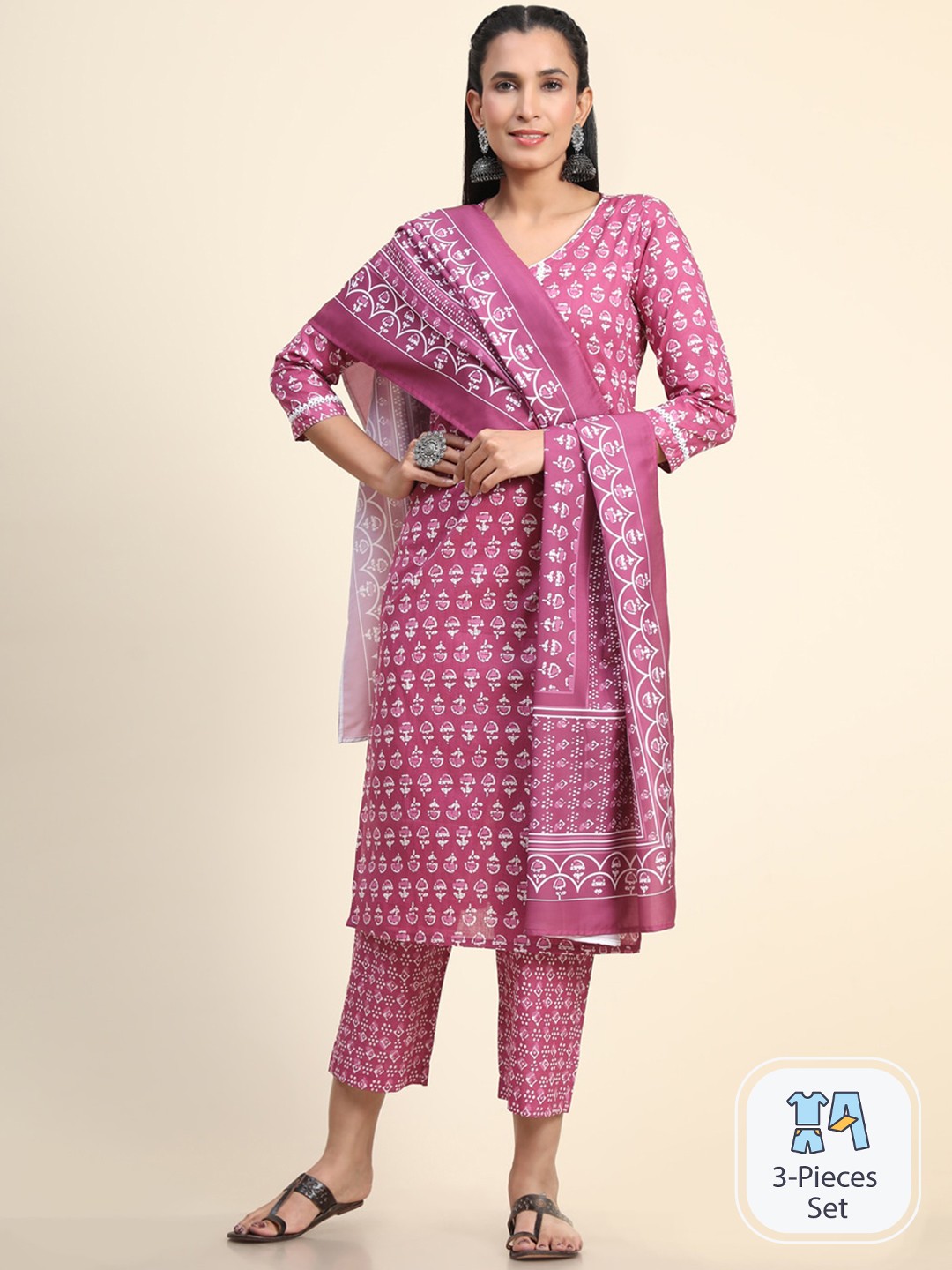 

Growish Ethnic Motifs Printed Kurta With Trousers & Dupatta, Pink