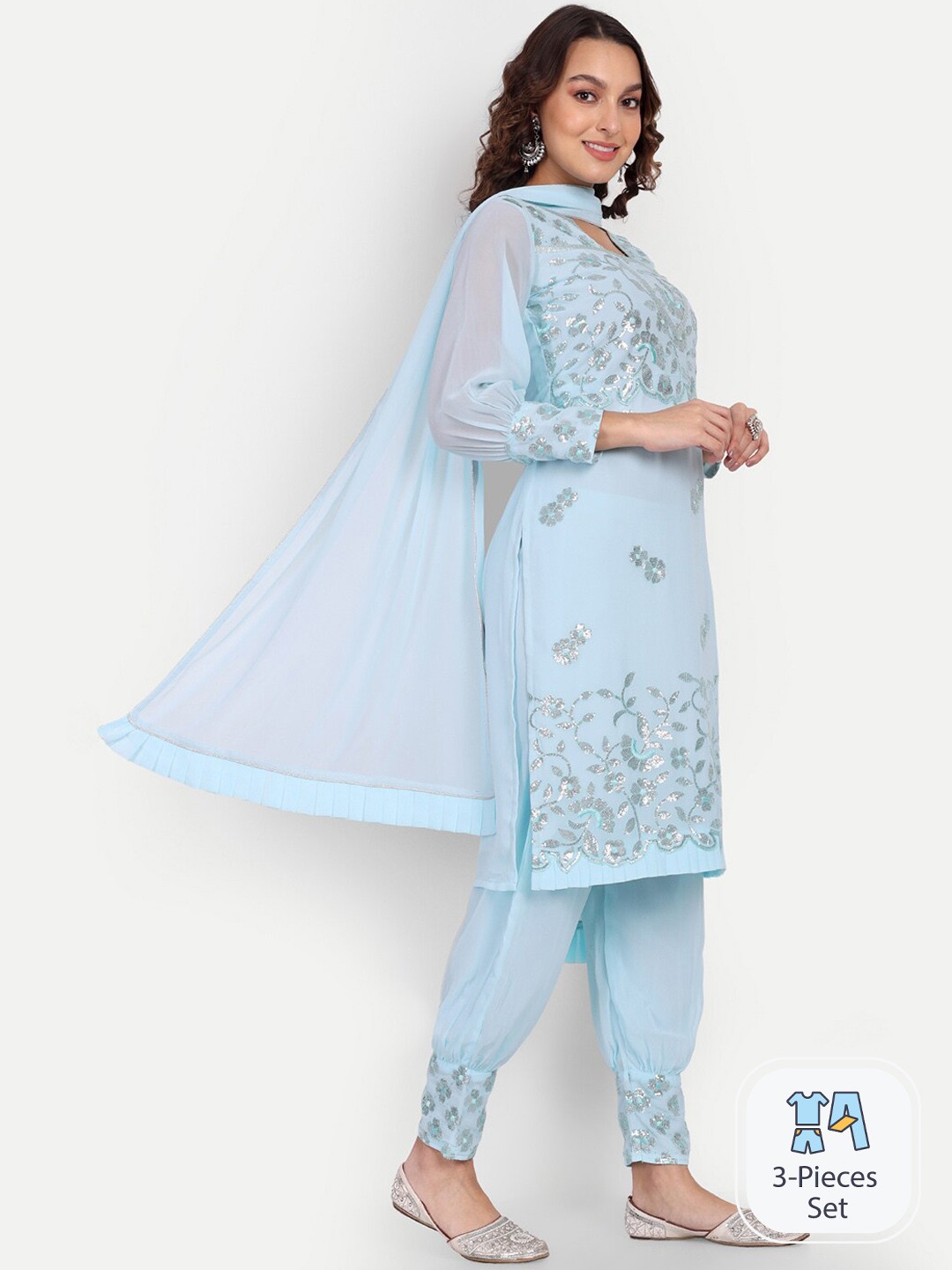 

Growish Floral Embroidered Sequined Detail Straight Kurta & Salwar & With Dupatta, Blue