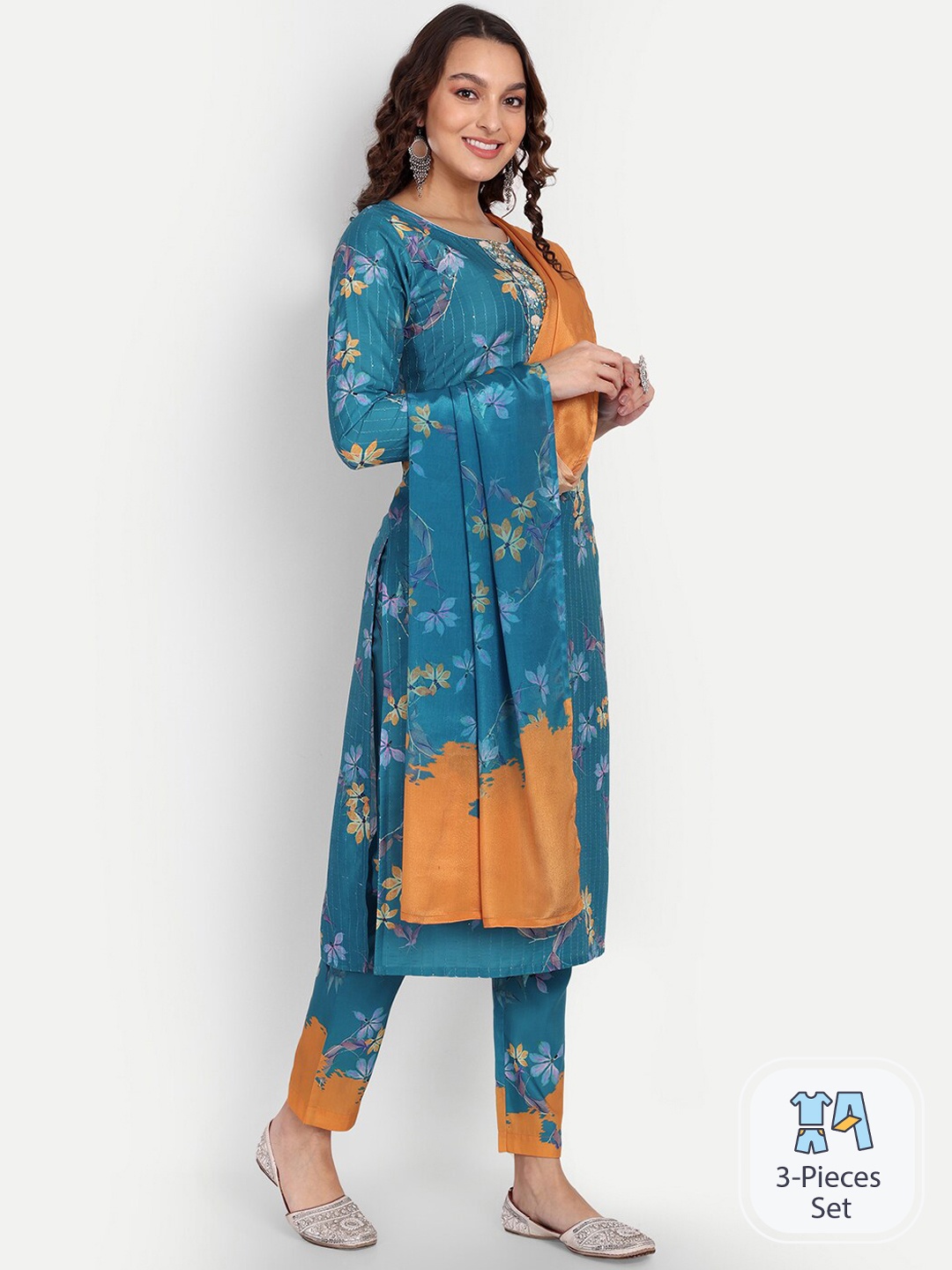 

Growish Floral Printed Thread Work Kurta With Trousers & Dupatta, Blue