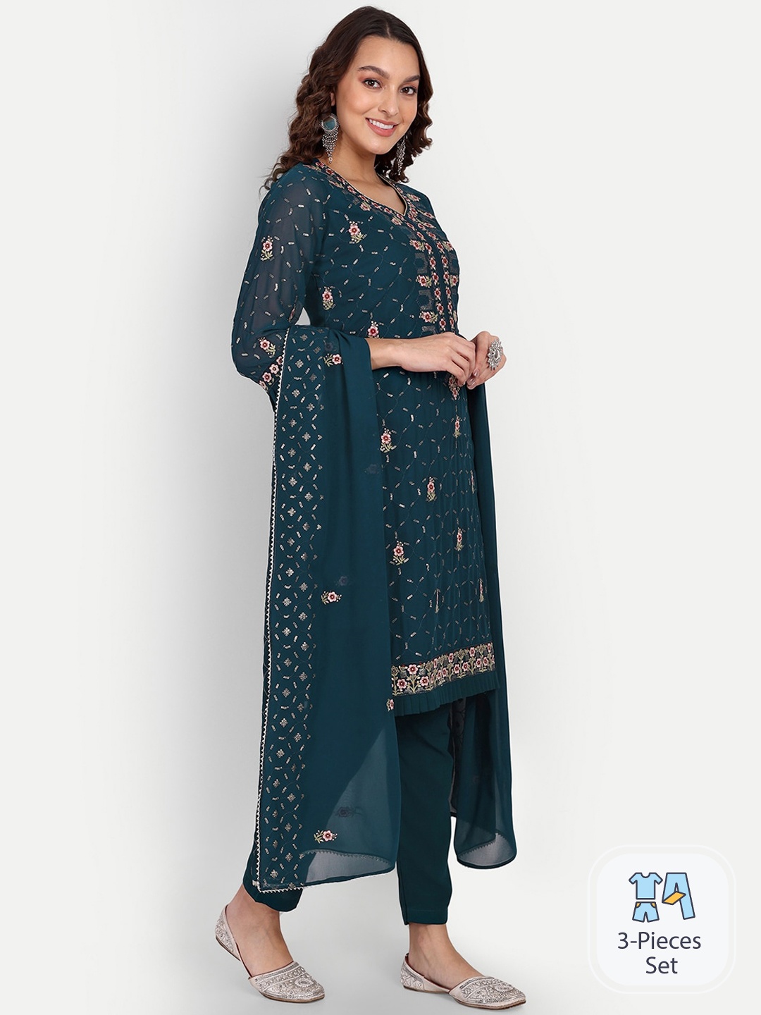 

Growish Floral Embroidered Thread Work Regular Kurta with Trousers & Dupatta, Turquoise blue