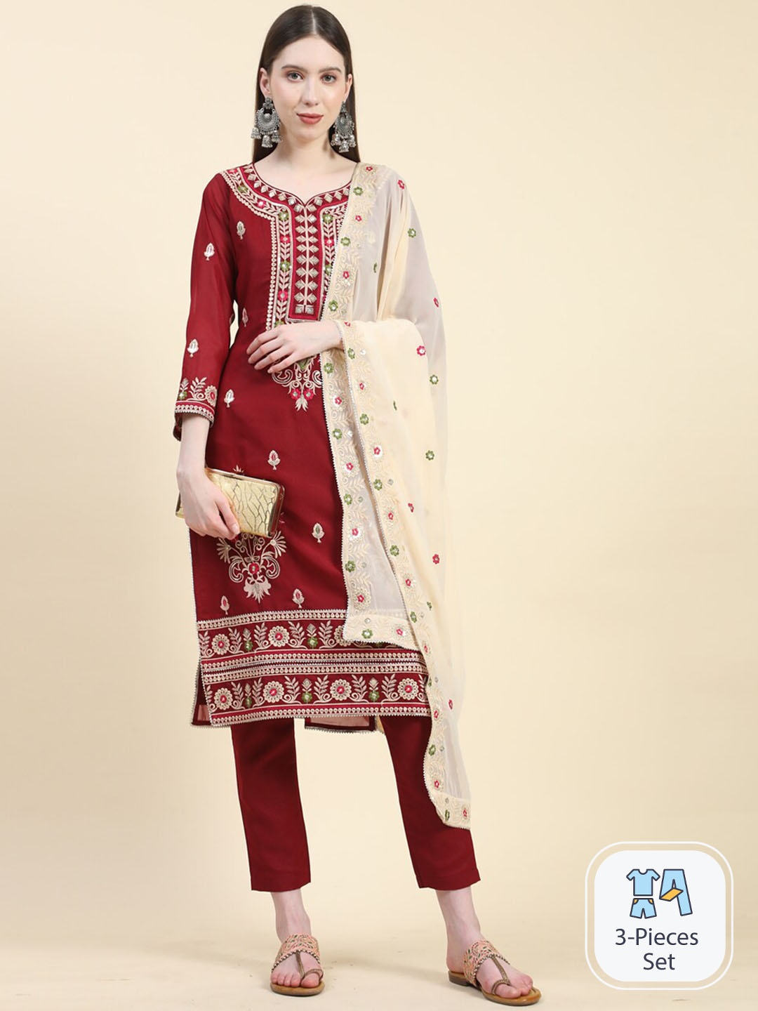 

Growish Floral Embroidered Kurta & Trousers With Dupatta, Maroon