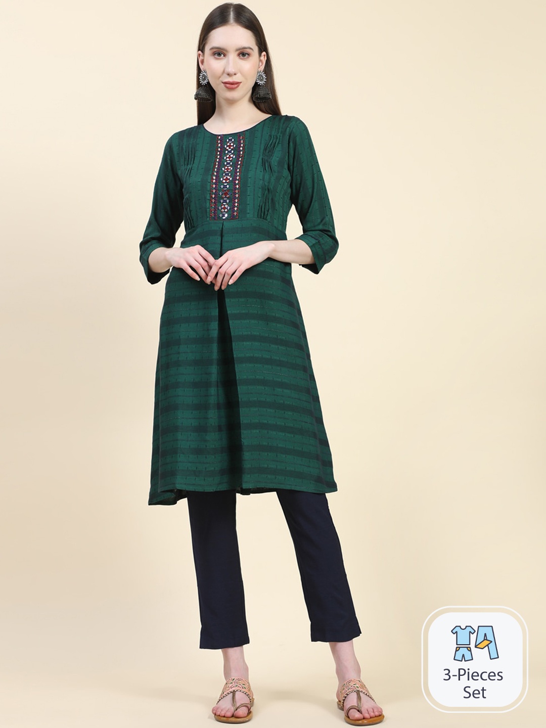 

Growish Striped Regular Thread Work Kurta & Trousers With Dupatta, Green