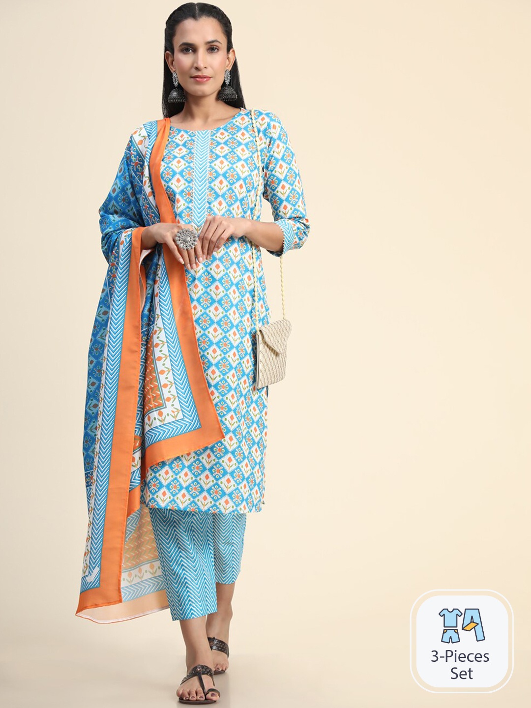 

Growish Ethnic Motifs Printed Regular Kurta with Trousers & Dupatta, Blue