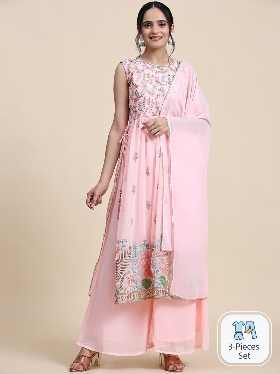 

Growish Floral Embroidered Regular Thread Work Kurta with Palazzos & With Dupatta, Pink