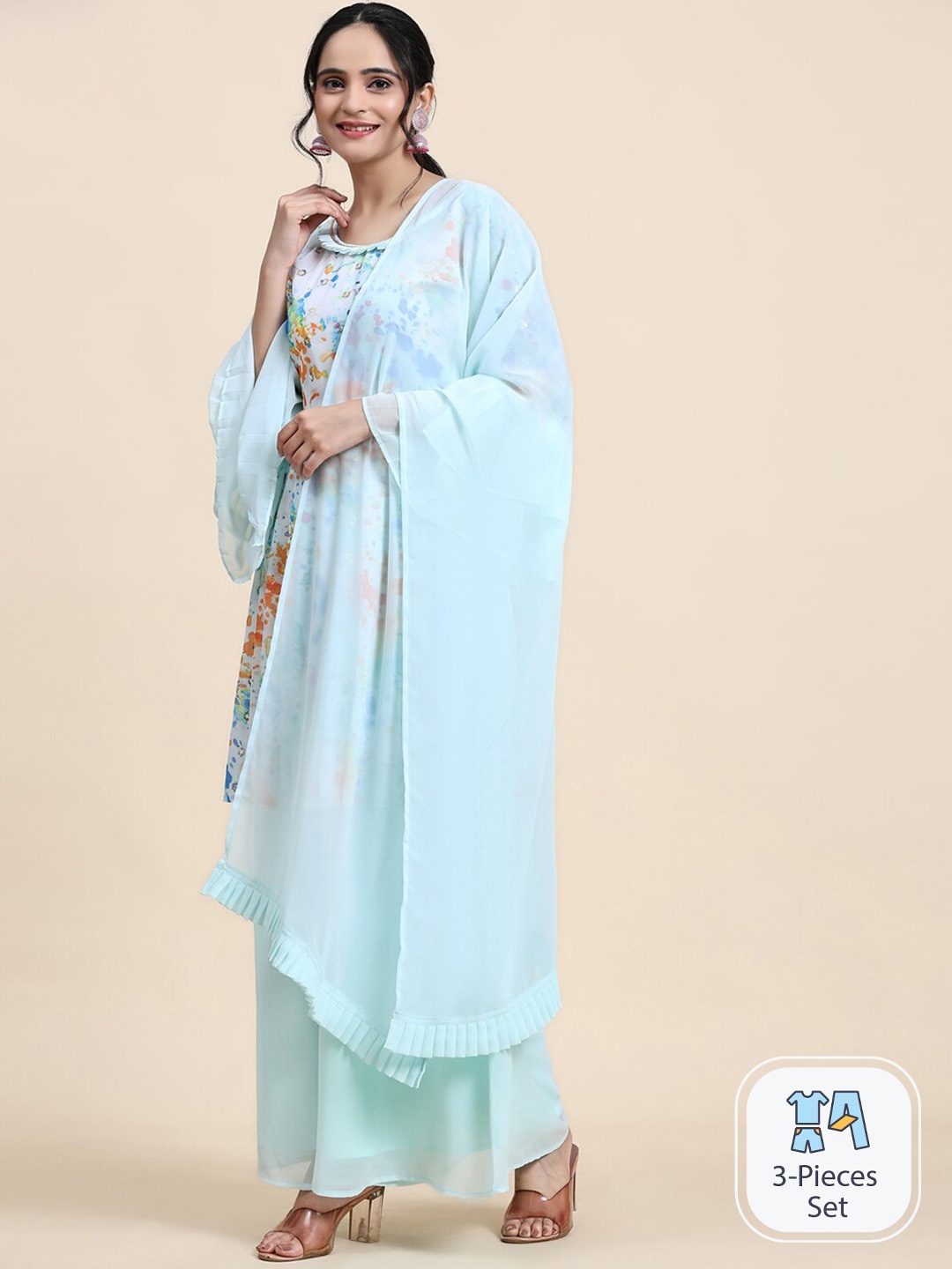 

Growish Abstract Printed Sequinned Detailed Pleated A-Line Kurta & Palazzos With Dupatta, Blue
