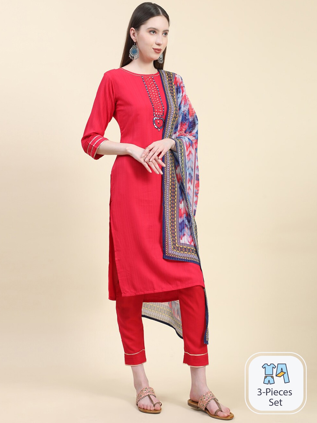 

Growish Ethnic Motifs Embroidered Mirror Work Kurta With Trousers & Dupatta, Red