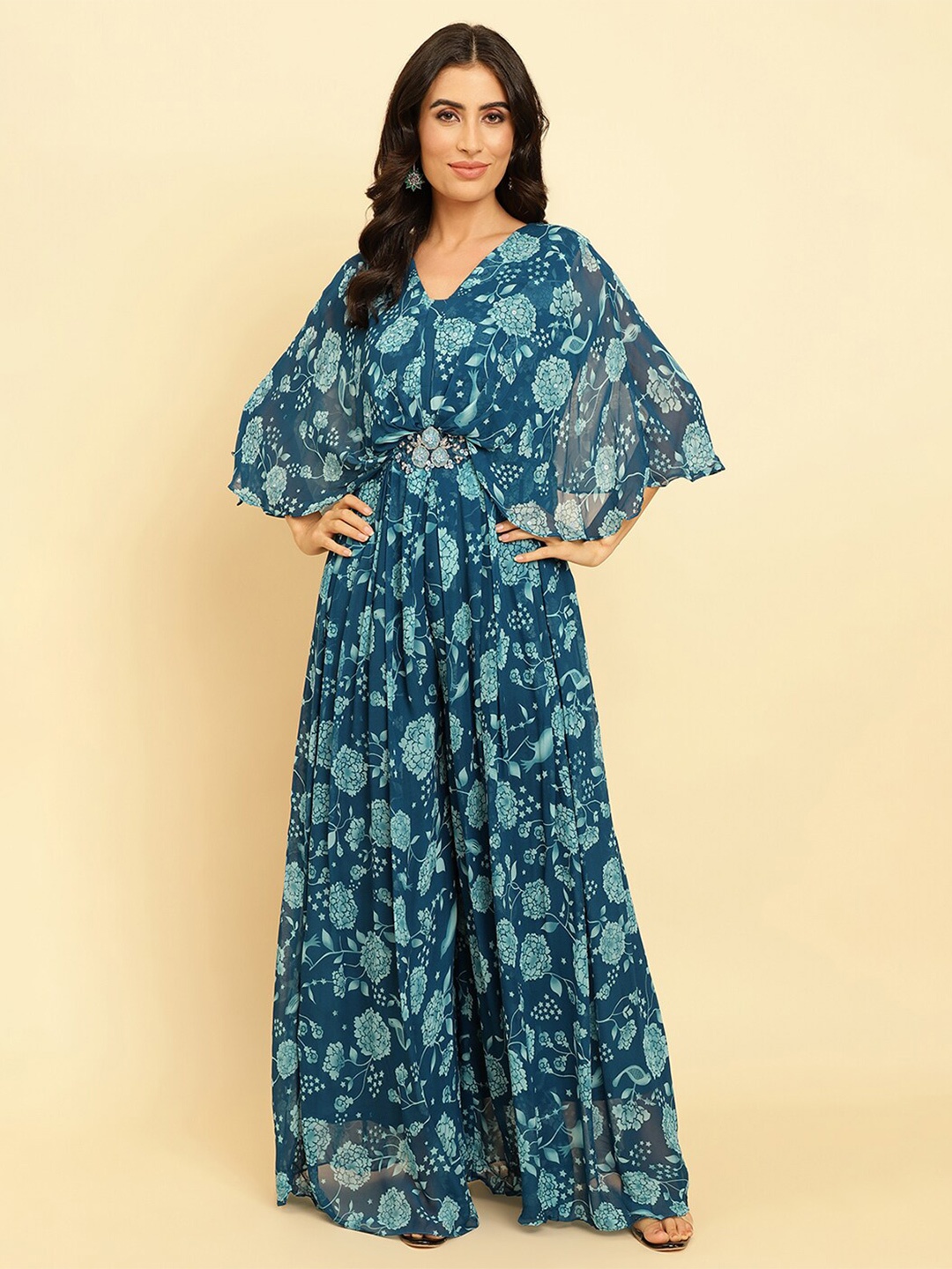 

Varanga Blue Floral Printed Extended Sleeve Georgette Maxi Dress
