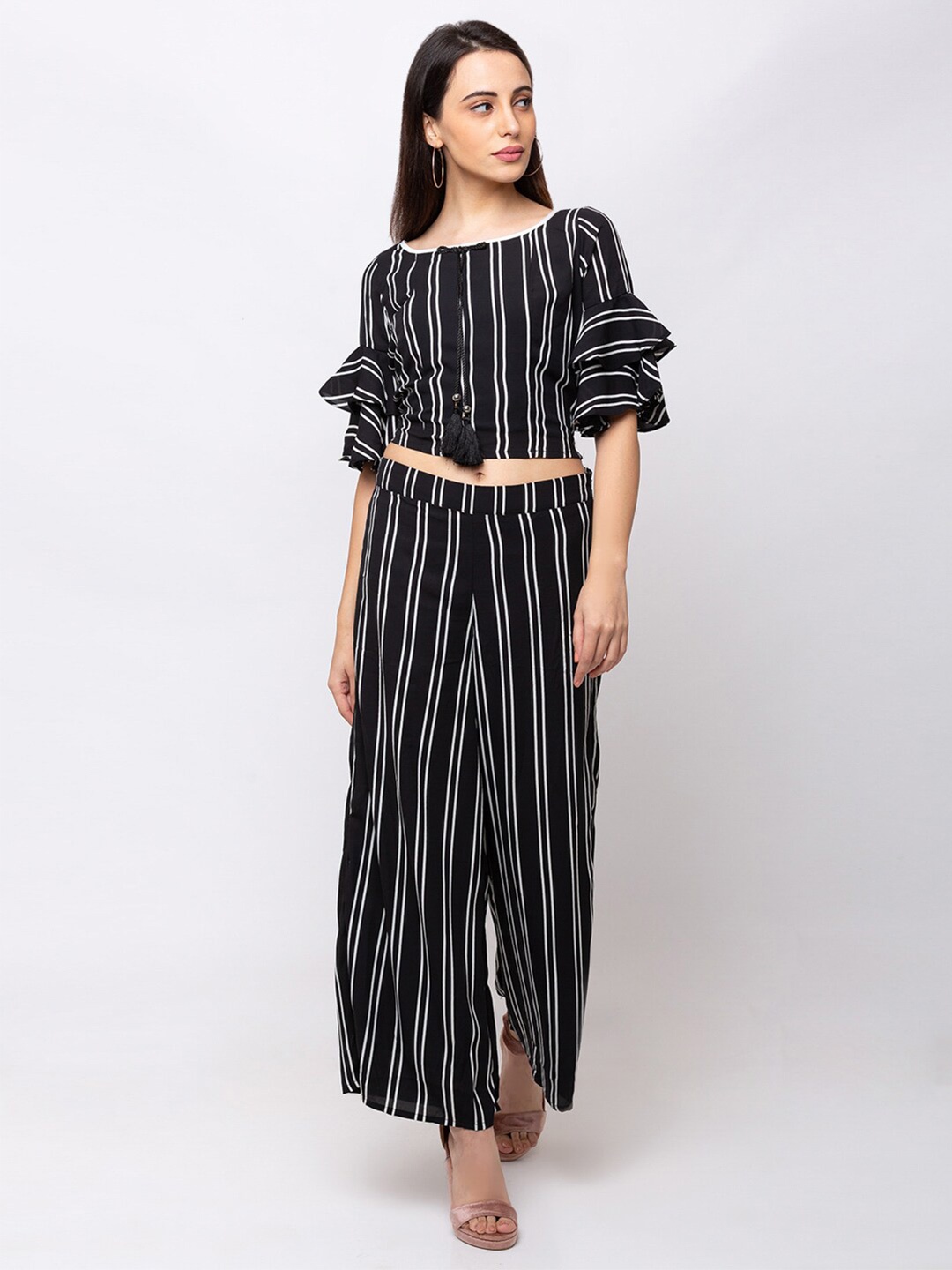 

SHECZZAR Striped Bell Sleeves Top & Palazzos, Black