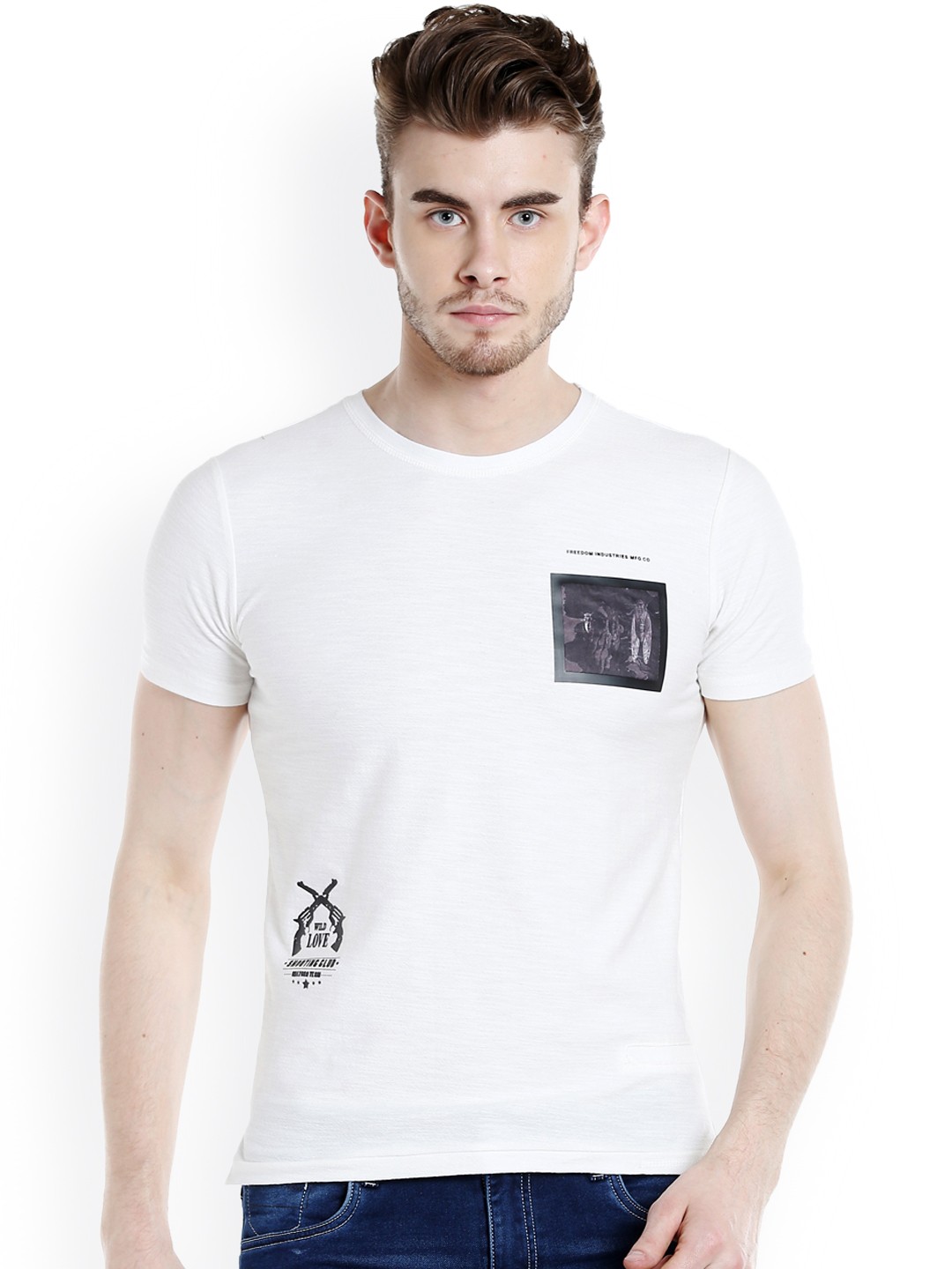 

Rex Straut Jeans Men Off-White Solid Round Neck T-shirt