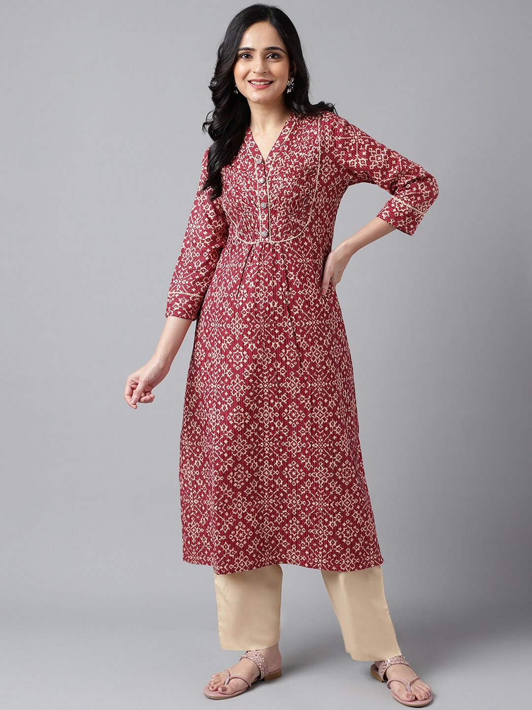 

Neemiya Ethnic Motifs Printed Cotton A-Line Kurta, Maroon