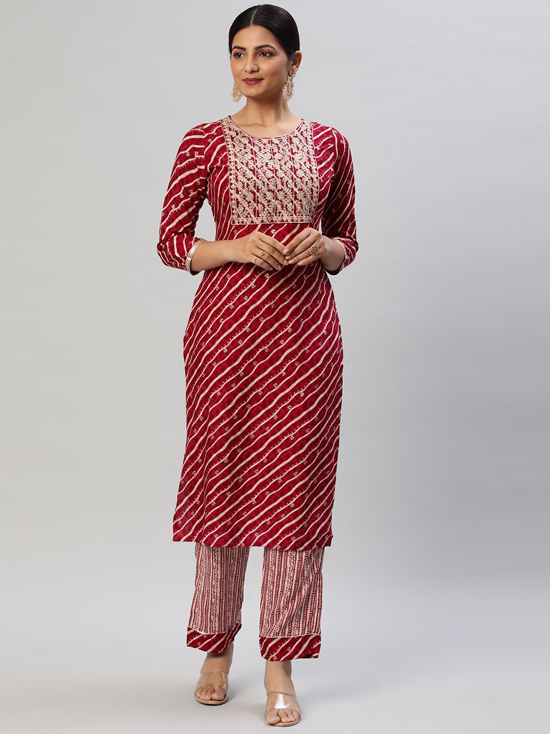 

kasee Leheriya Printed Round Neck Regular Sequinned Kurta With Trousers, Magenta