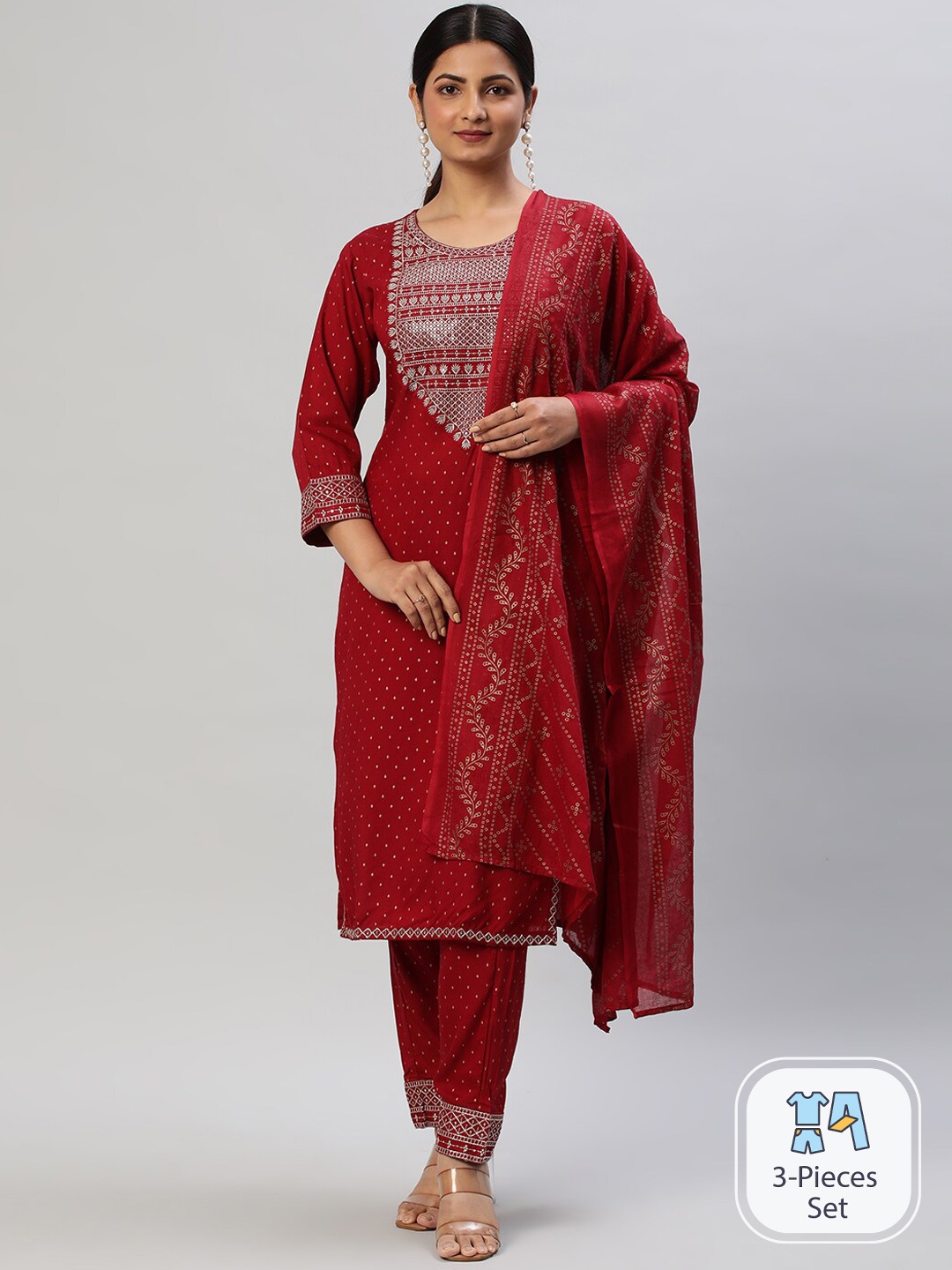

kasee Ethnic Motifs Printed Thread Work Detailed Straight Kurta & Trousers With Dupatta, Maroon