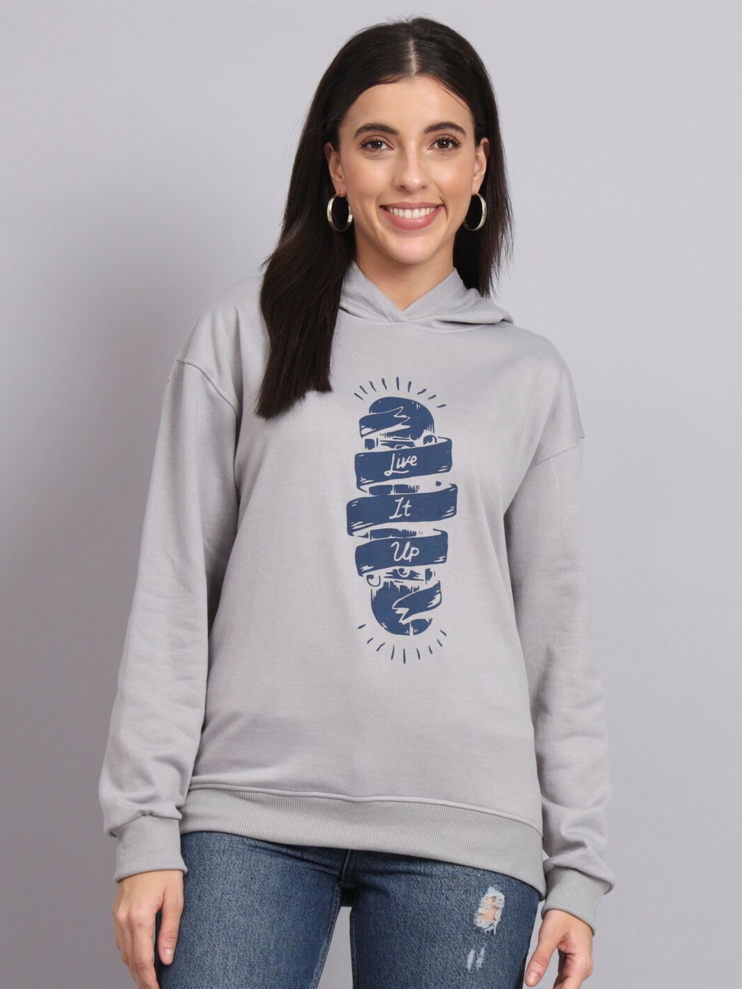 

Obaan Typography Printed Hooded Cotton Sweatshirt, Grey